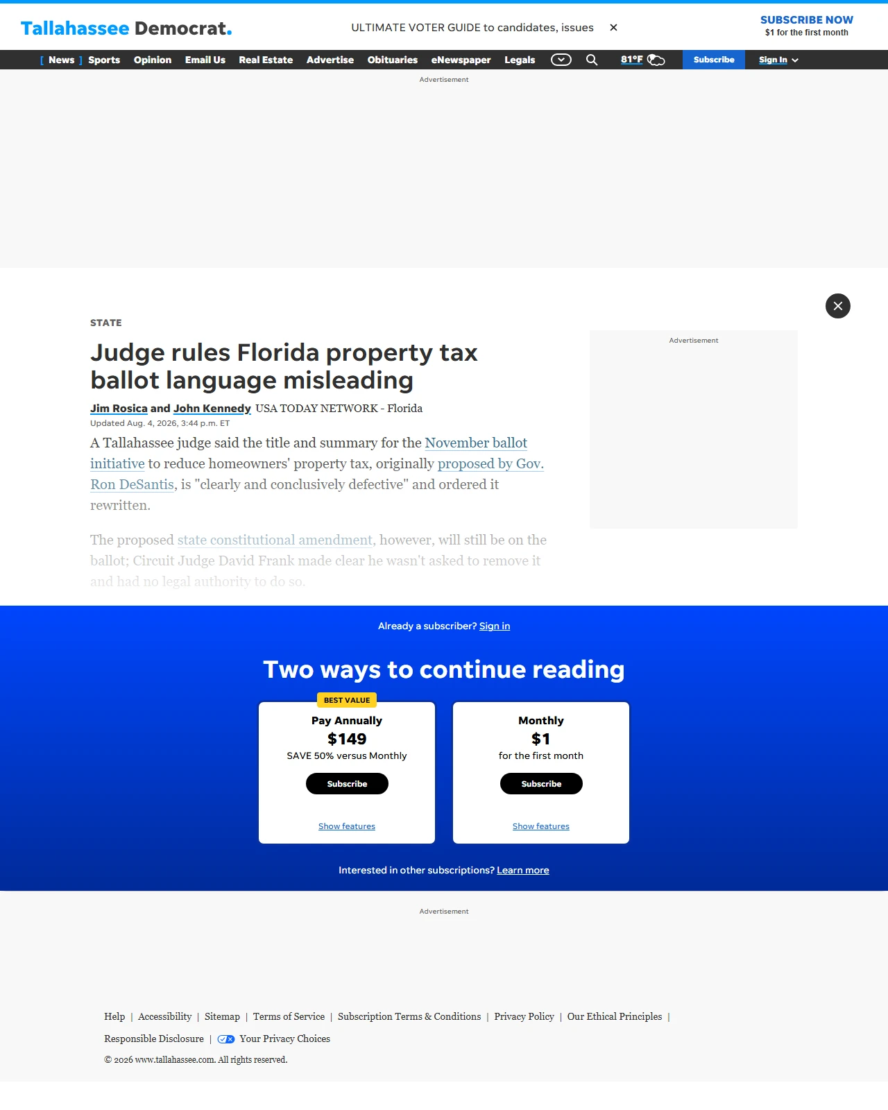 tallahassee.com as published: Judge rules Florida property tax ballot language misleading