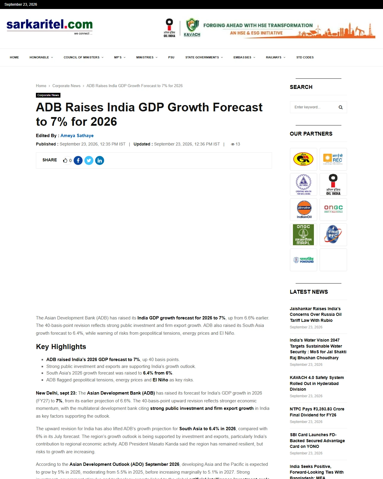 sarkaritel.com as published: ADB Raises India GDP Growth Forecast To 7% For 2026
