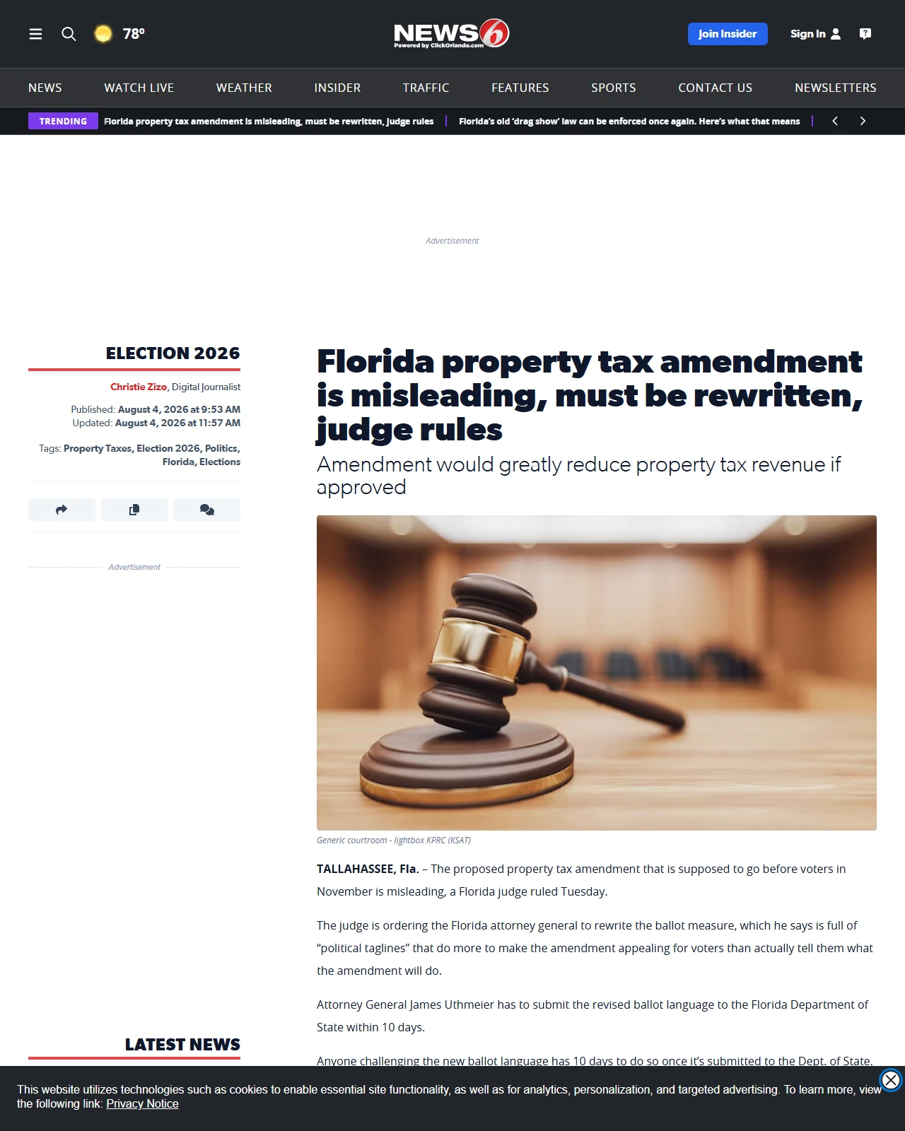 clickorlando.com as published: Florida property tax amendment is misleading, must be rewritten, judge rules