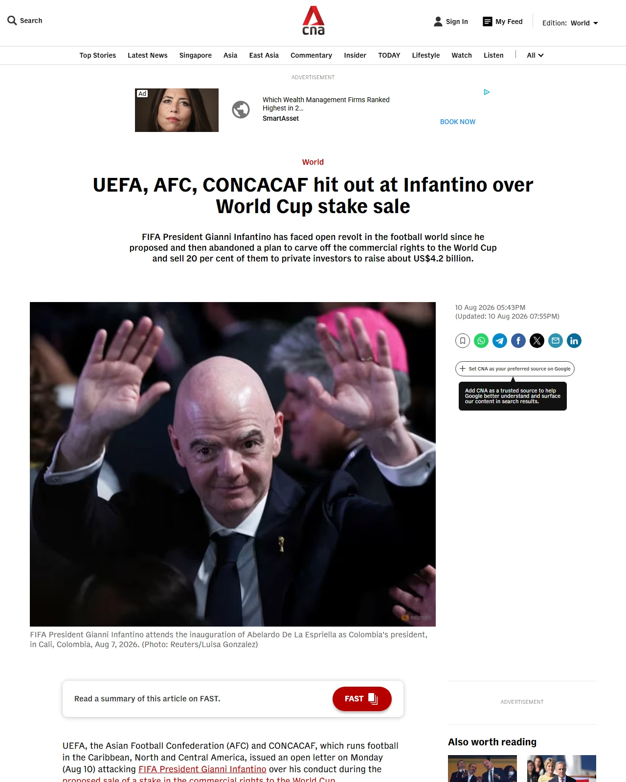 channelnewsasia.com as published: UEFA, AFC, CONCACAF hit out at Infantino over World Cup stake sale