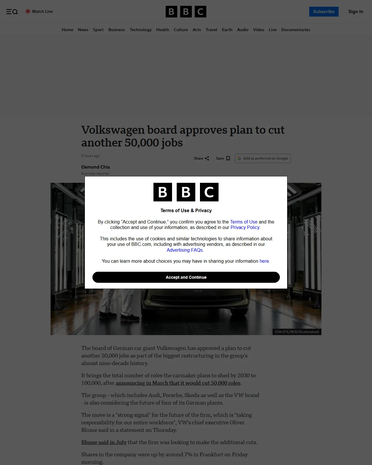 bbc.co.uk as published: Volkswagen board approves plan to cut another 50,000 jobs