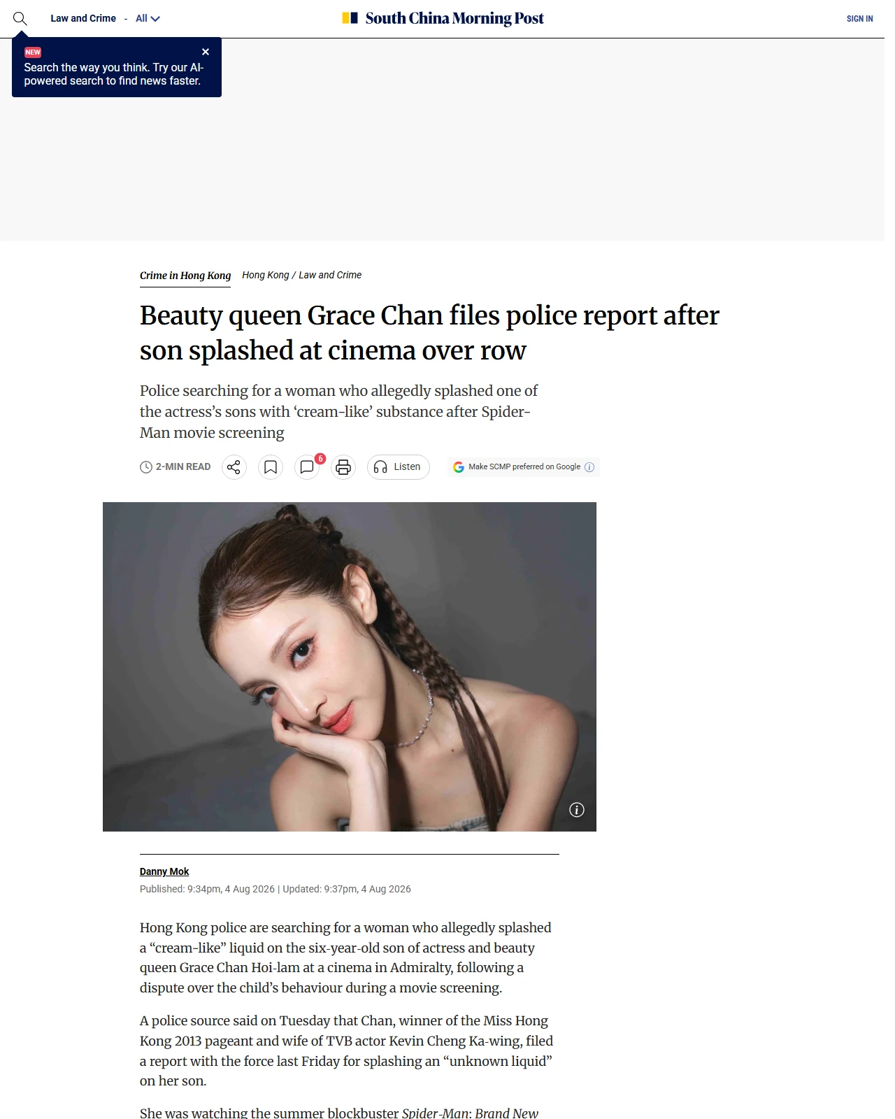 scmp.com as published: Beauty queen Grace Chan files police report after son splashed at cinema over row