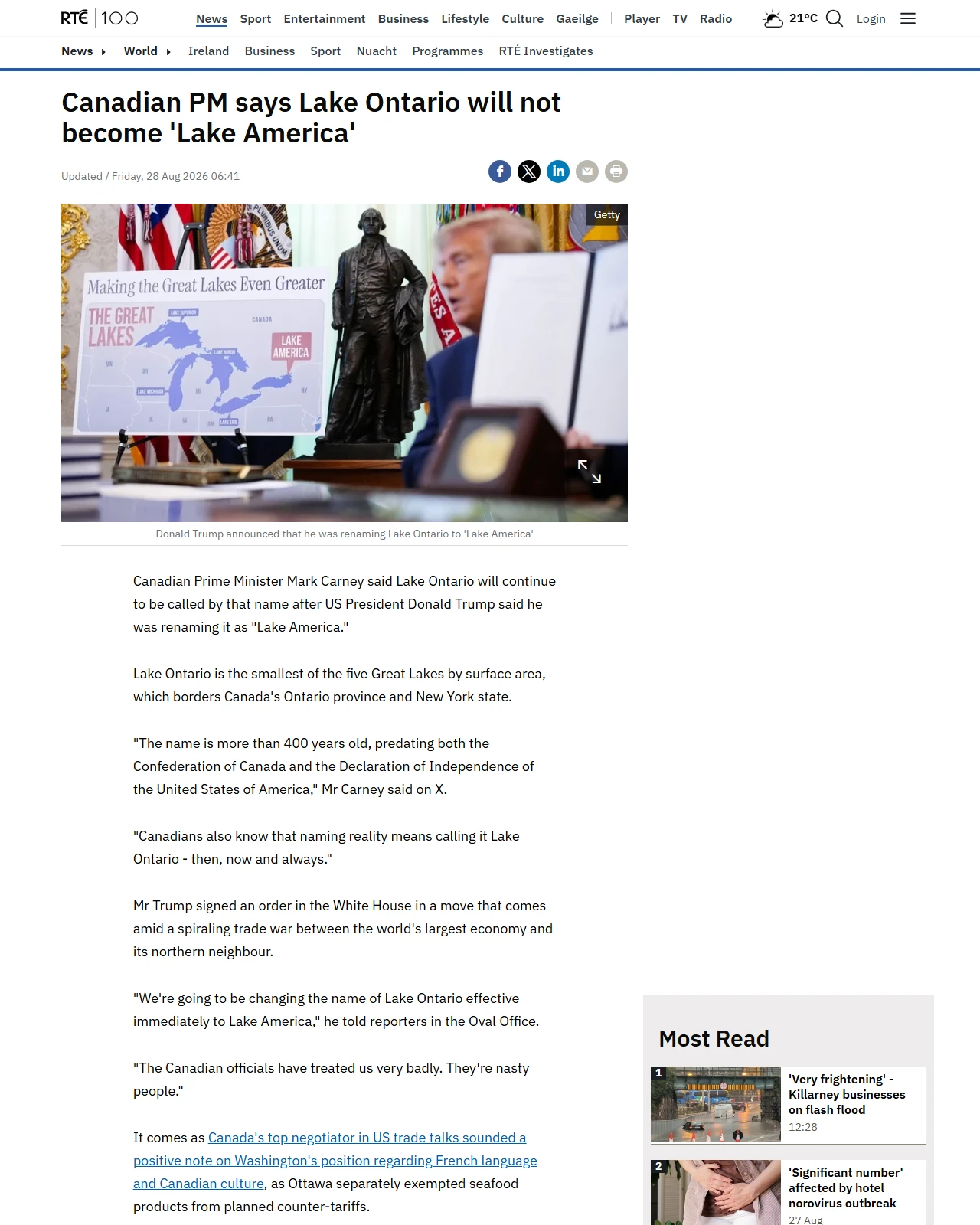 rte.ie as published: Carney says Lake Ontario will not become 'Lake America'