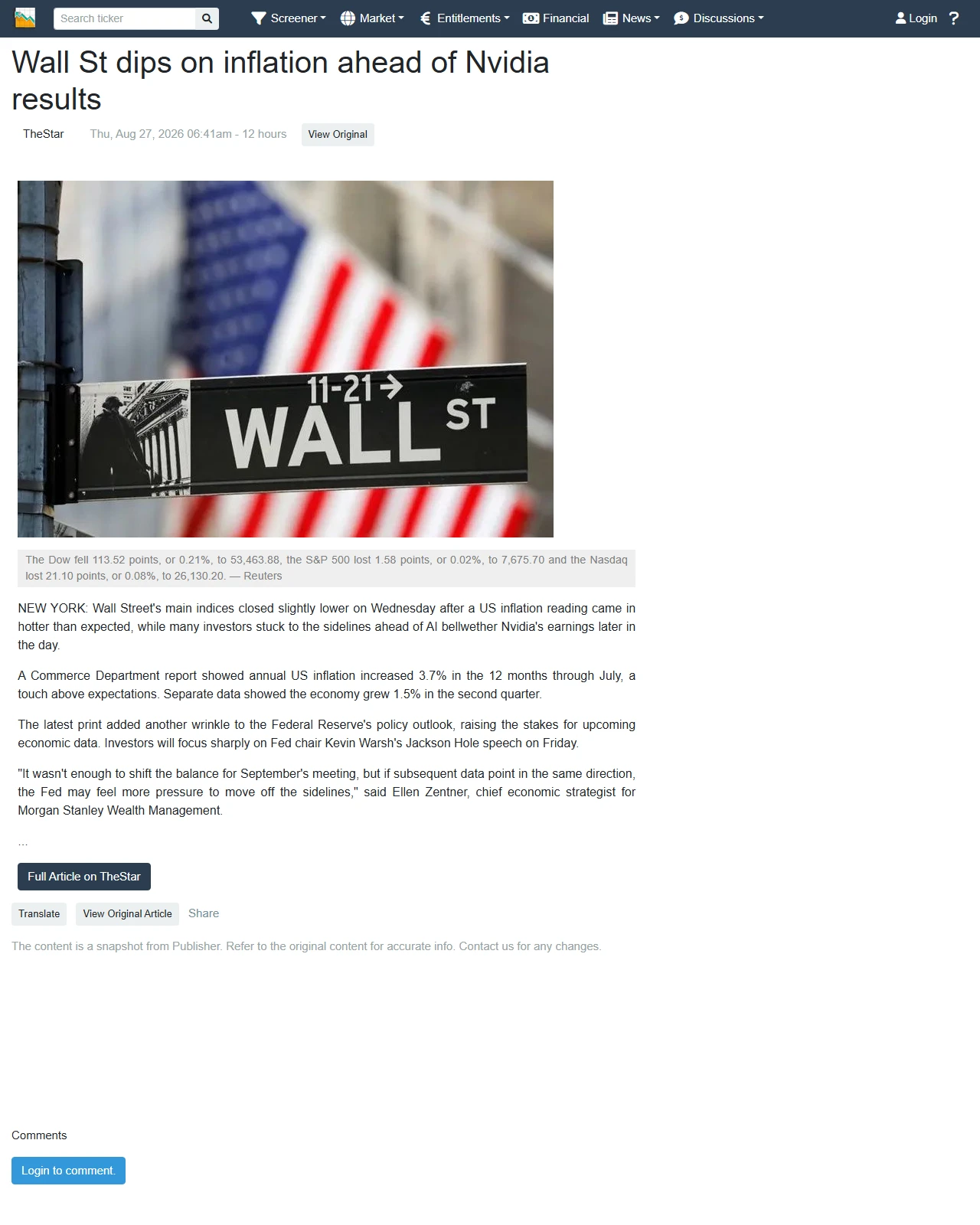 klsescreener.com as published: Wall St dips on inflation ahead of Nvidia results
