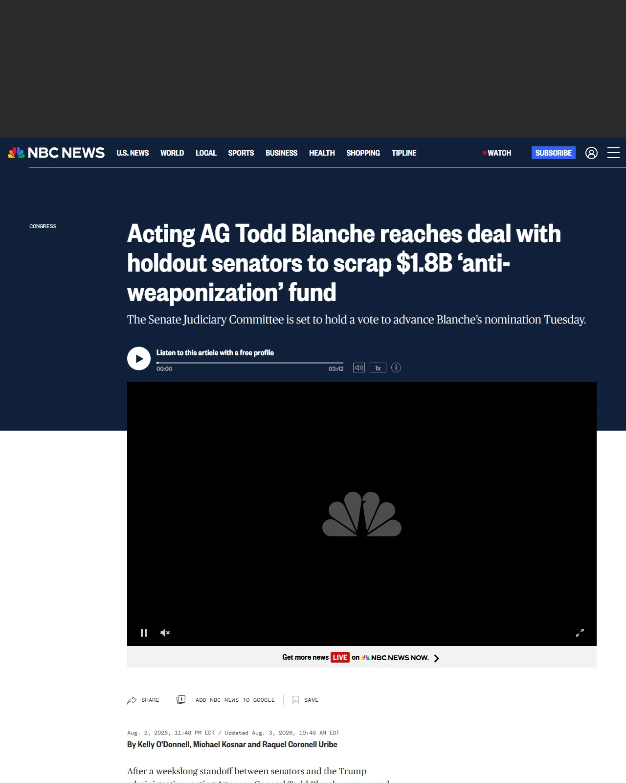 nbcnews.com as published: Acting AG Todd Blanche reaches deal with holdout senators to scrap $1.8B ‘anti-weaponization’ fund