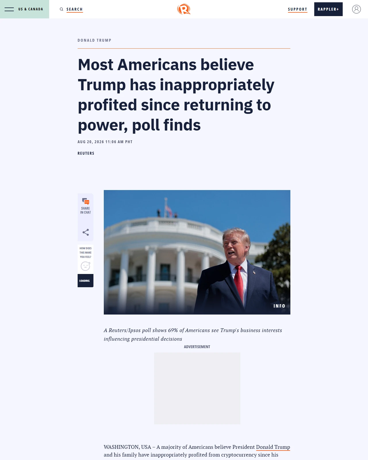 rappler.com as published: Most Americans believe Trump has inappropriately profited since returning to power, poll finds