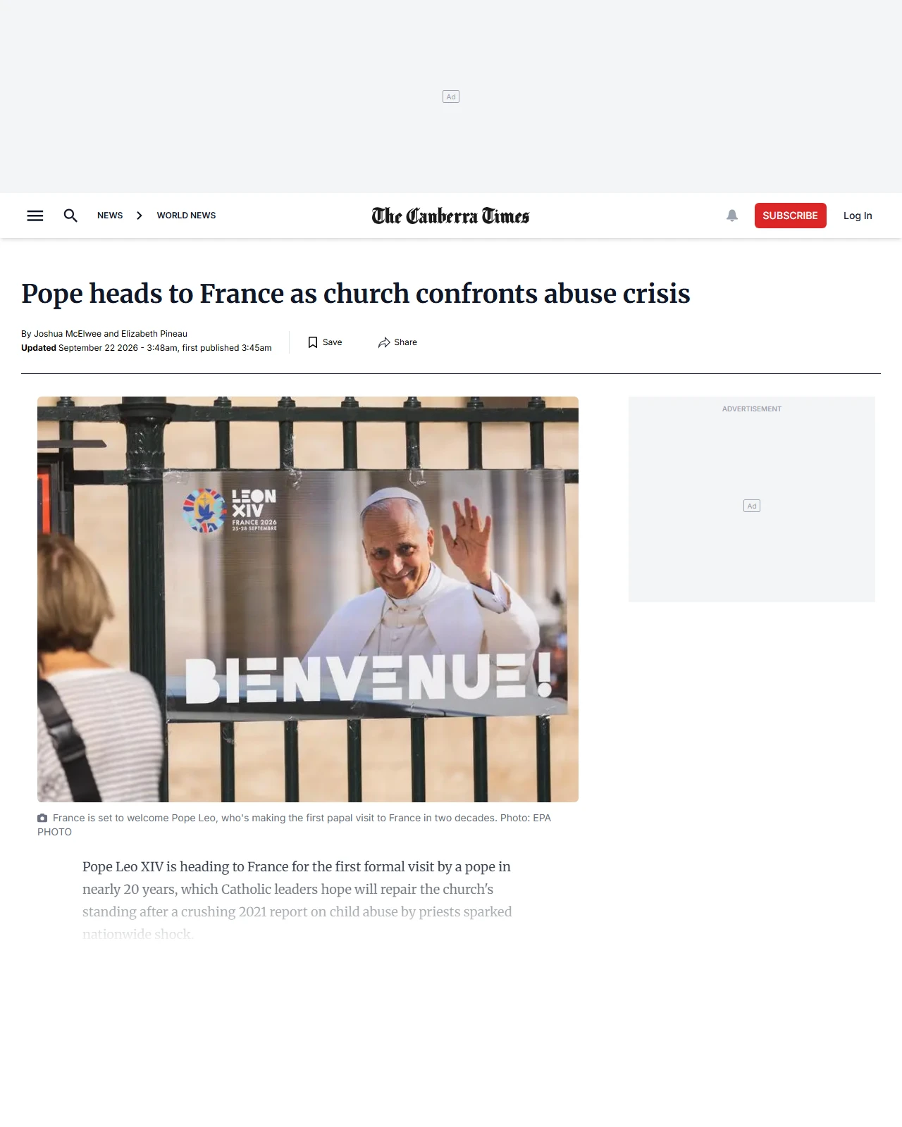 canberratimes.com.au as published: Pope heads to France as church confronts abuse crisis