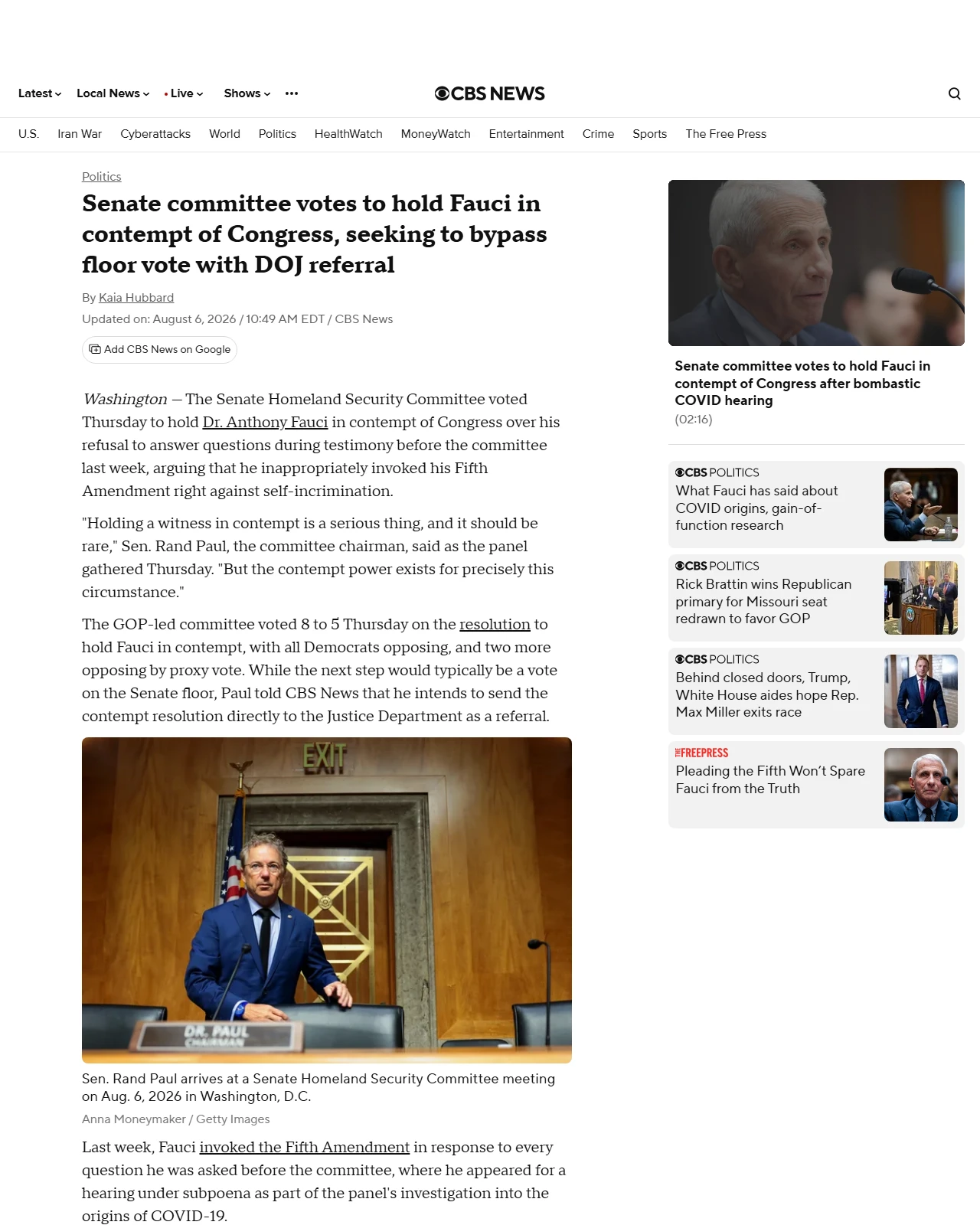 cbsnews.com as published: Senate committee votes to hold Fauci in contempt of Congress
