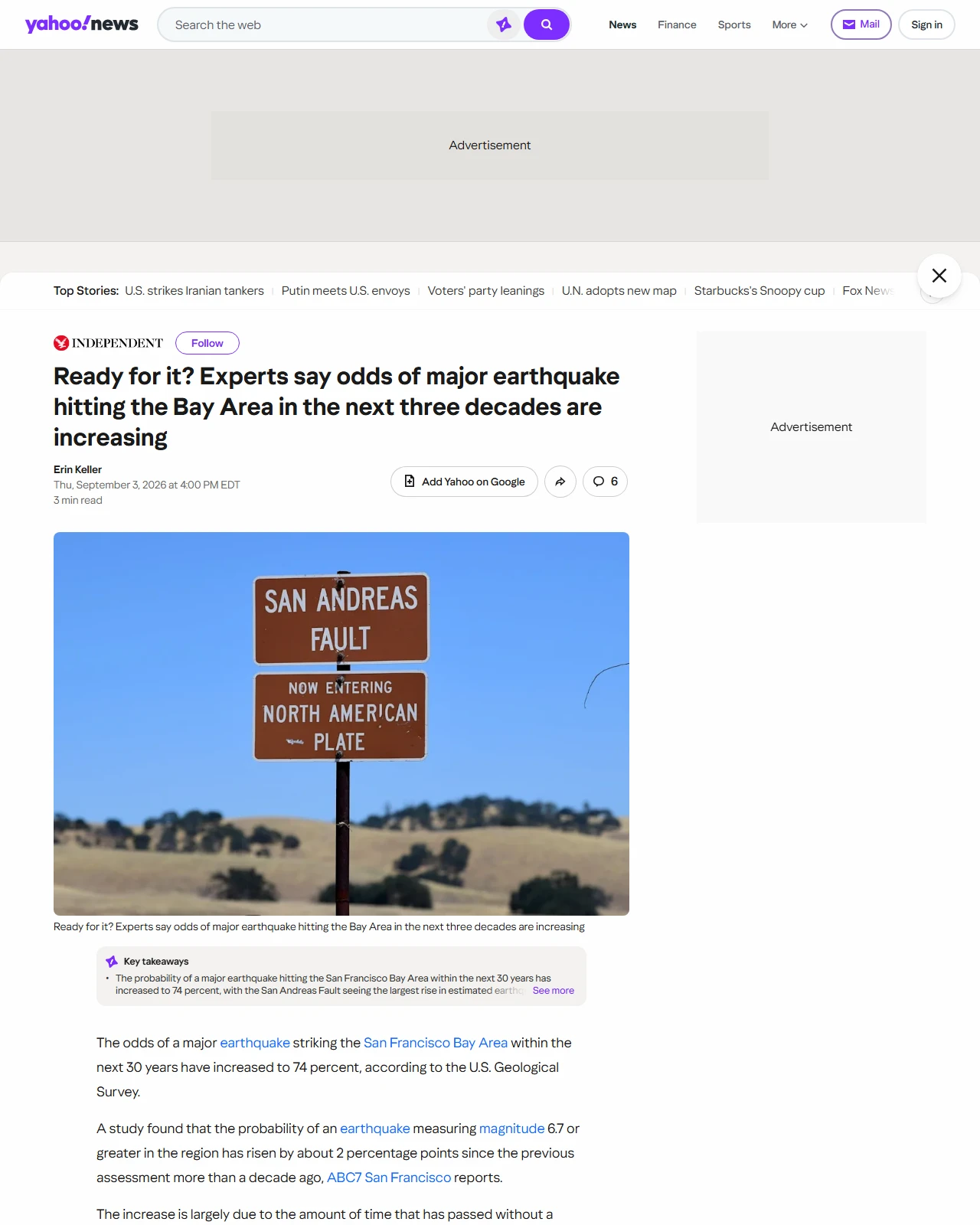 yahoo.com as published: Ready for it? Experts say odds of major earthquake hitting the Bay Area in the next three decades are increasing