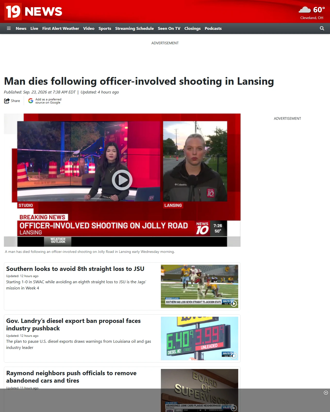 cleveland19.com as published: Man dies following officer-involved shooting in Lansing