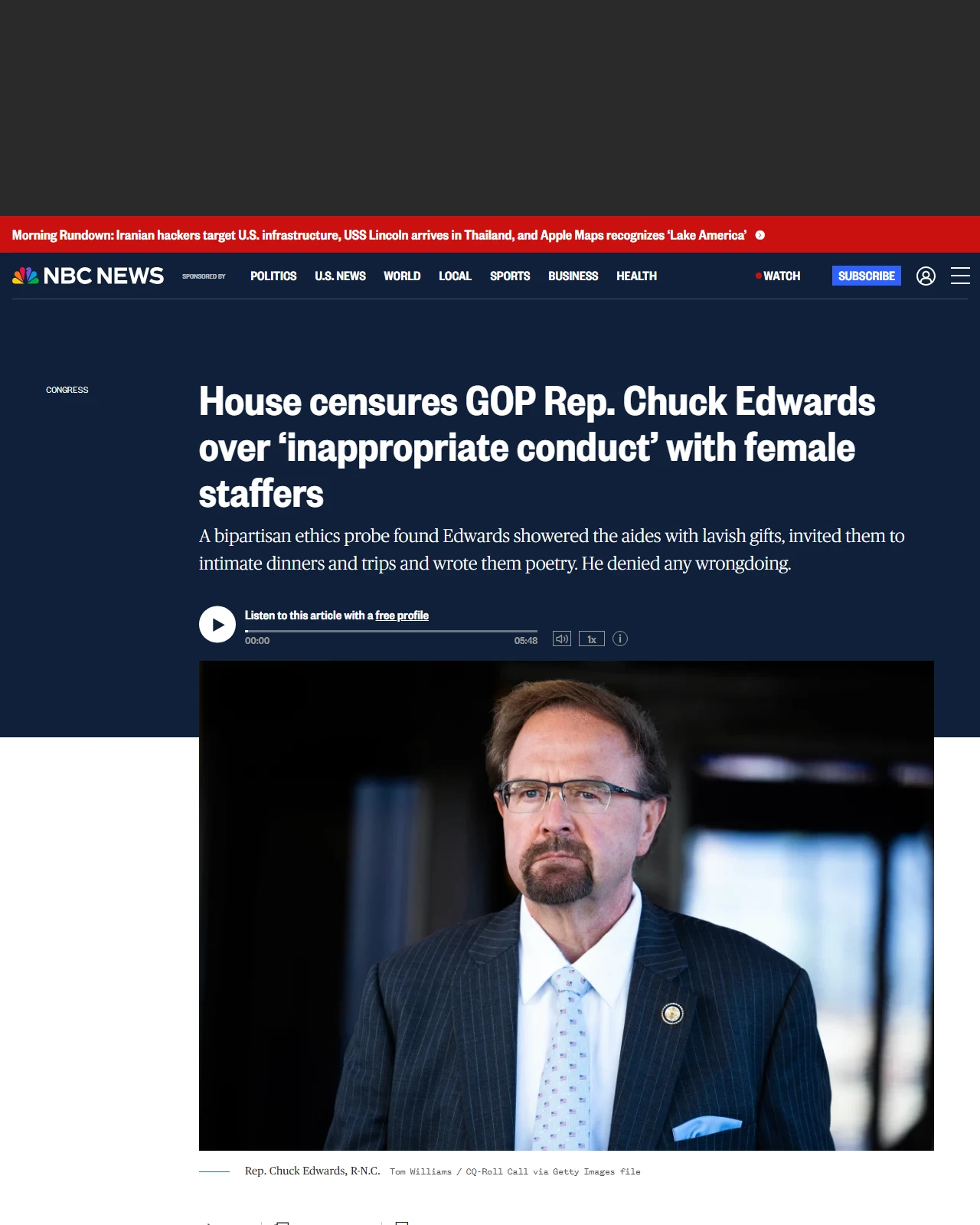 nbcnews.com as published: House censures GOP Rep. Chuck Edwards over ‘inappropriate conduct’ with female staffers