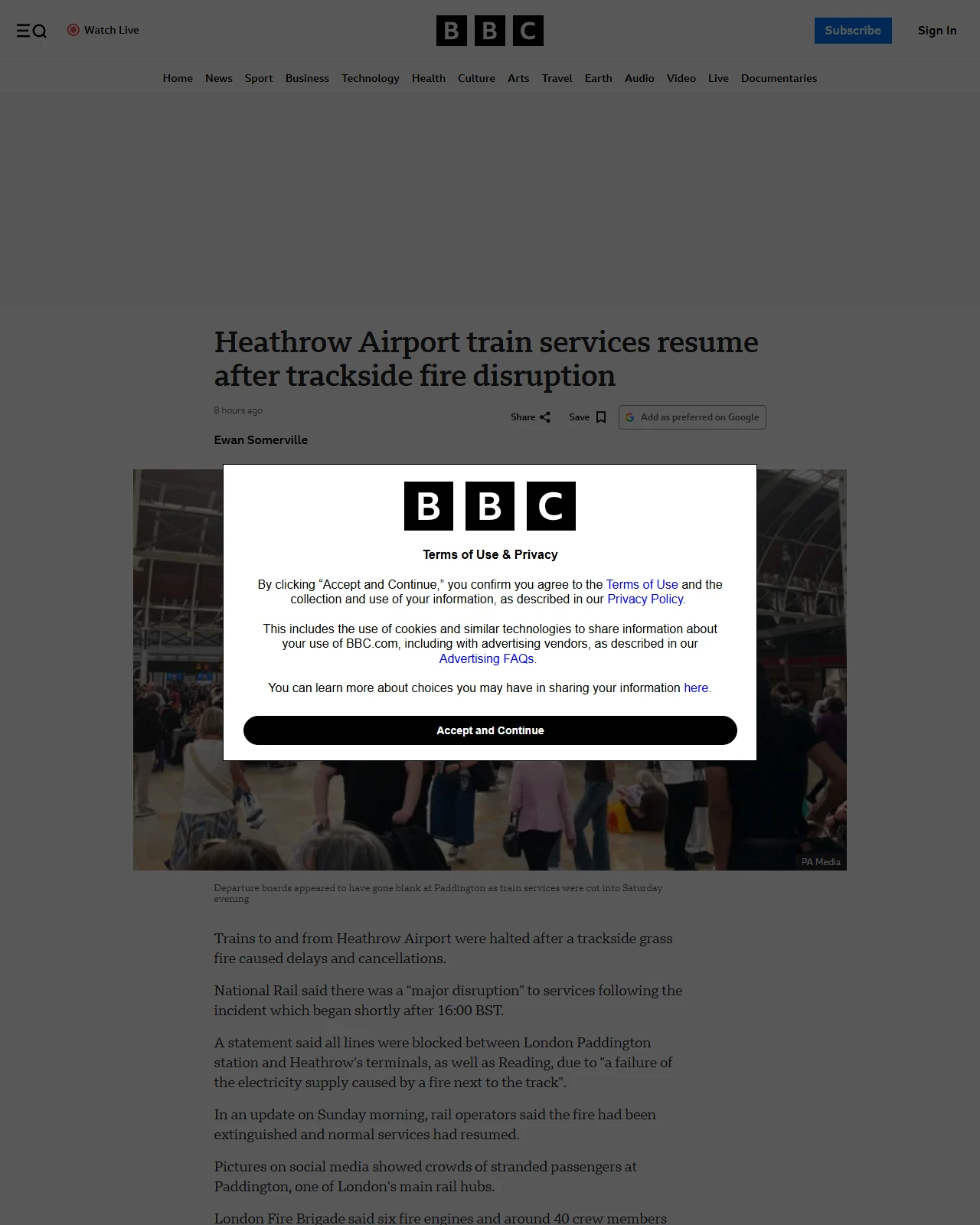 bbc.co.uk as published: Heathrow Airport train services resume after trackside fire disruption