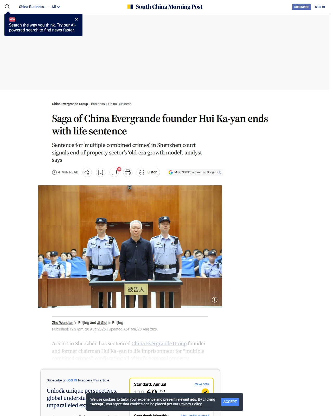 scmp.com as published: Breaking | China Evergrande founder Hui Ka-yan sentenced to life imprisonment