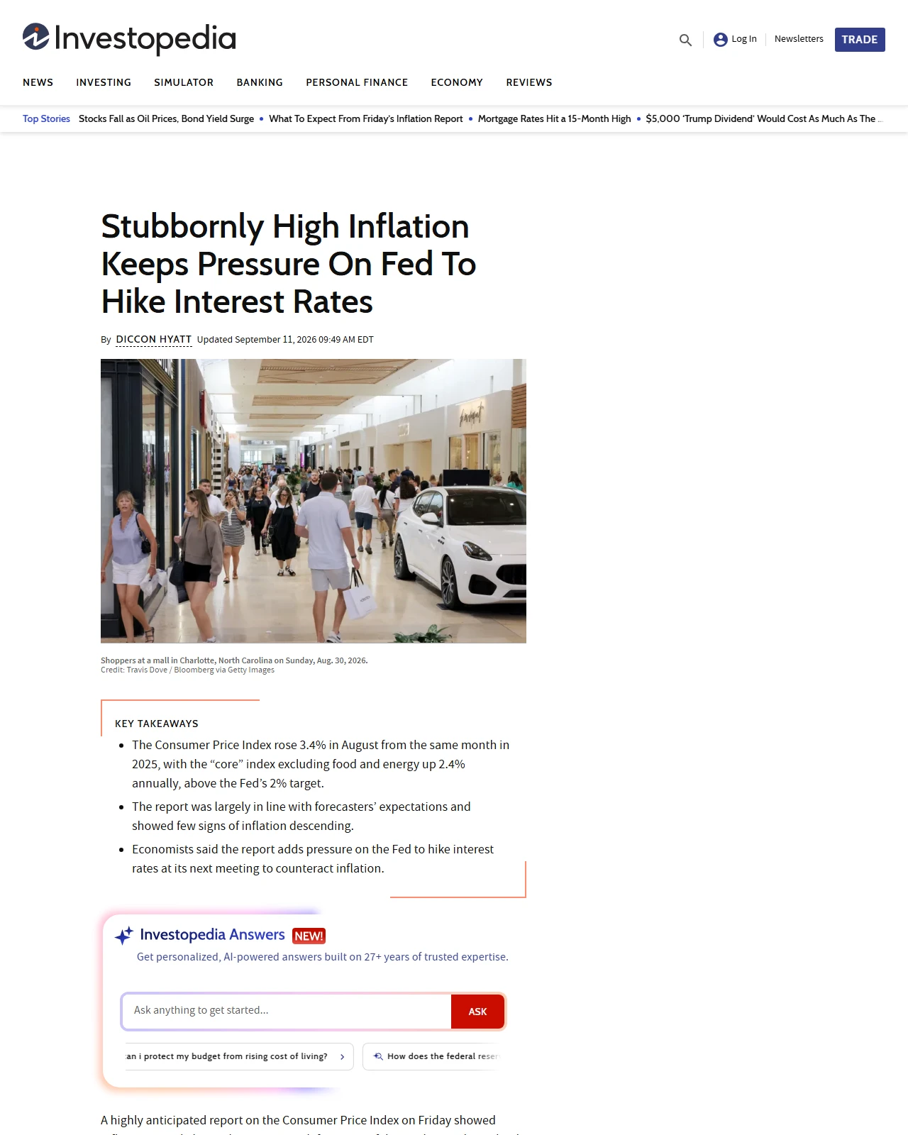 investopedia.com as published: Stubbornly High Inflation Keeps Pressure On Fed To Hike Interest Rates
