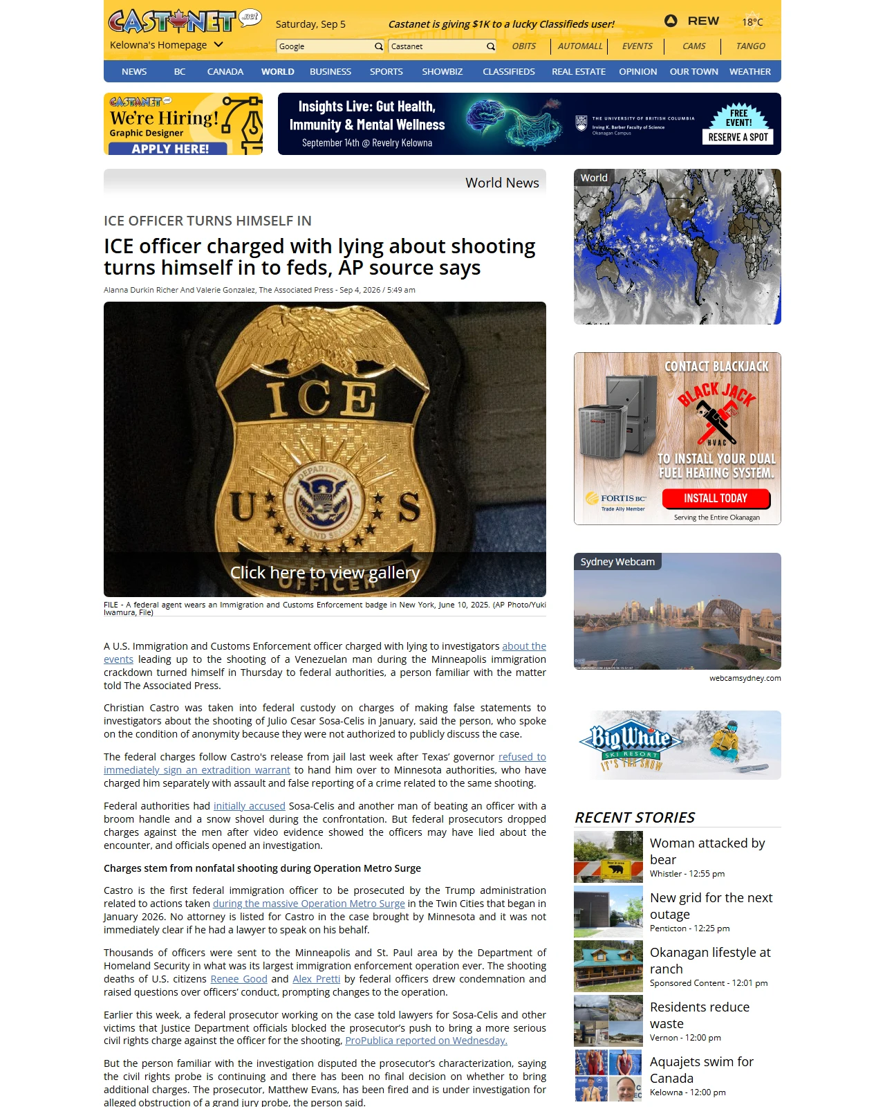 castanet.net as published: ICE officer charged with lying about shooting turns himself in to feds, AP source says