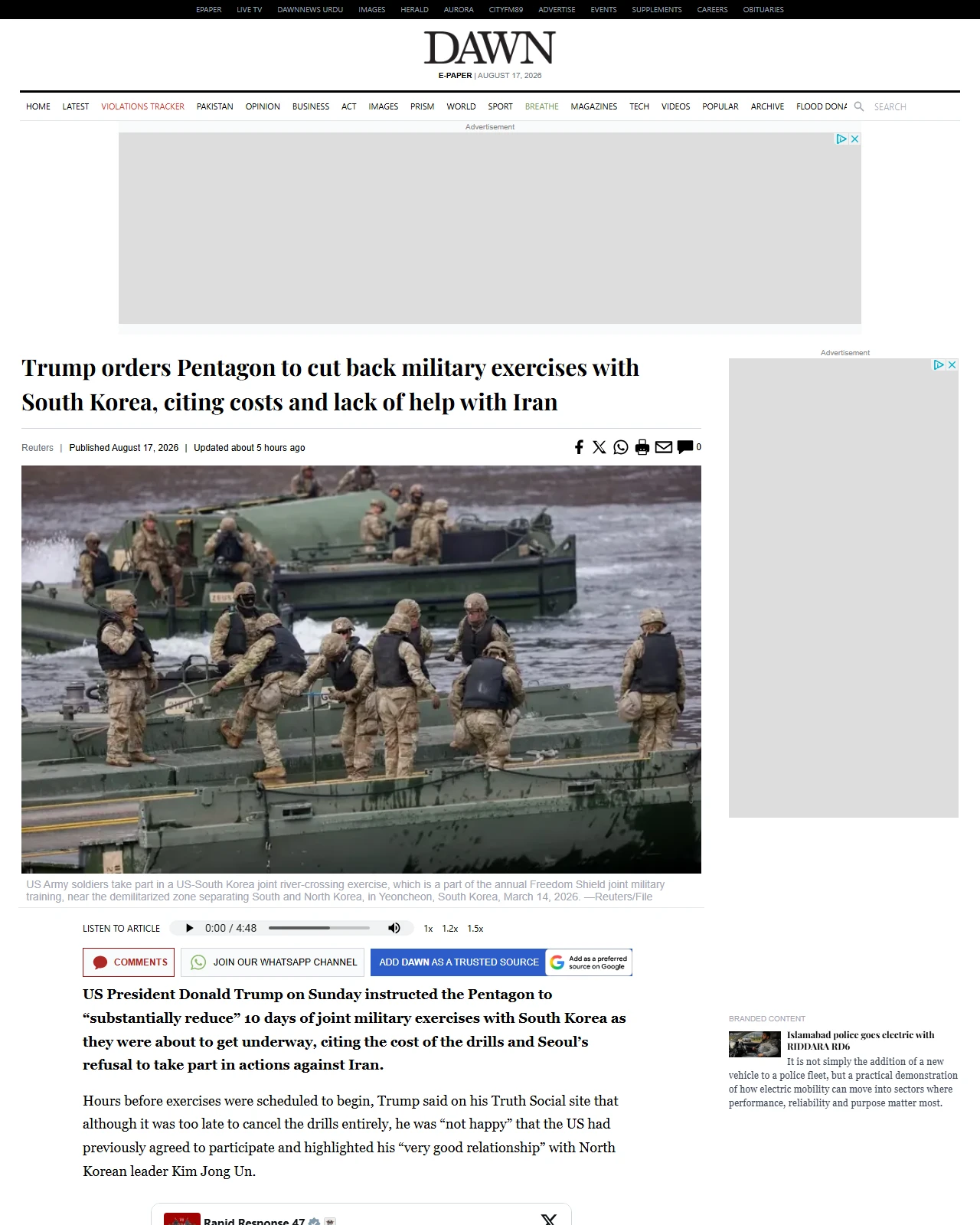 dawn.com as published: Trump orders Pentagon to cut back military exercises with South Korea, citing costs and lack of help with Iran