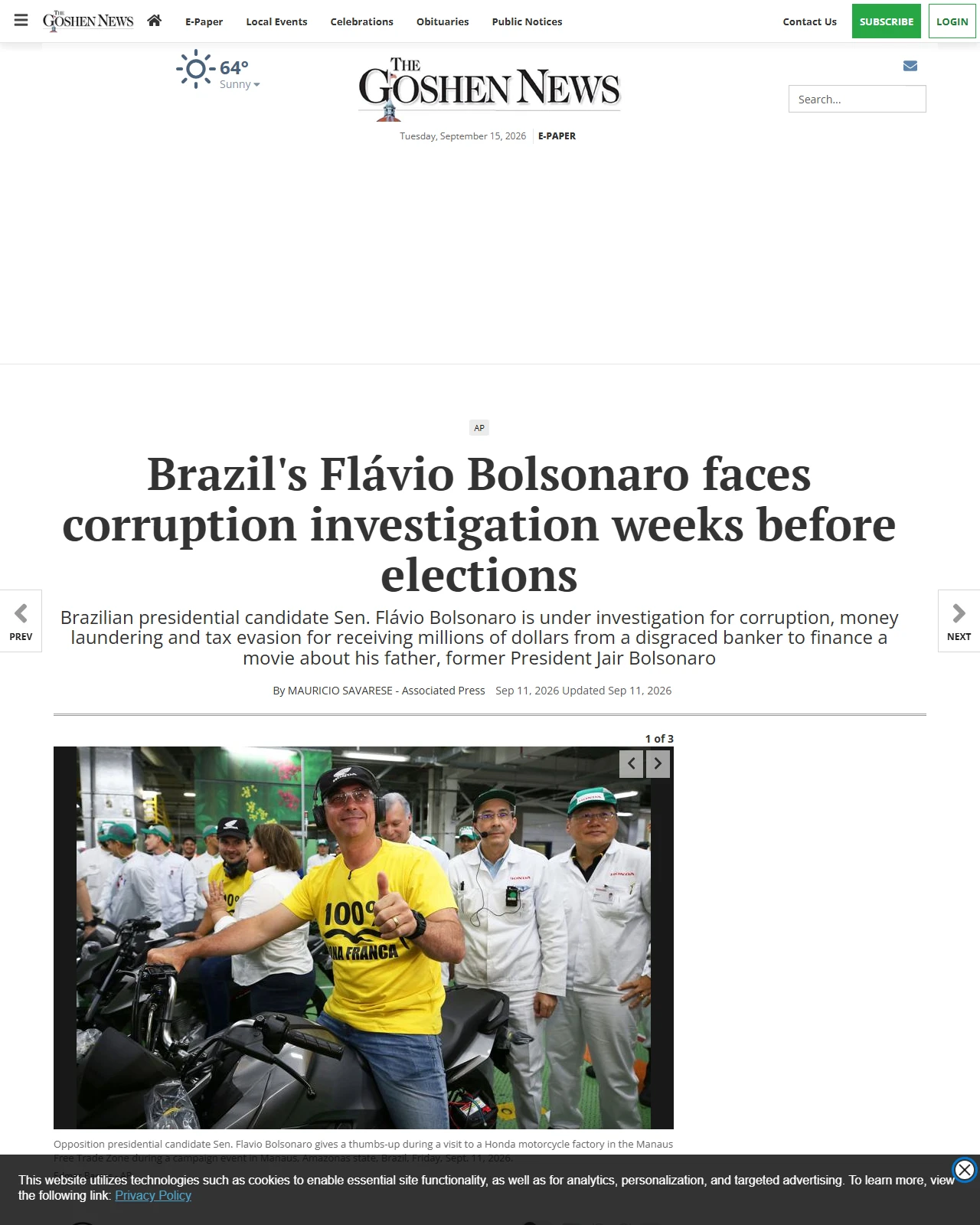 goshennews.com as published: Brazil's Flávio Bolsonaro faces corruption investigation weeks before elections