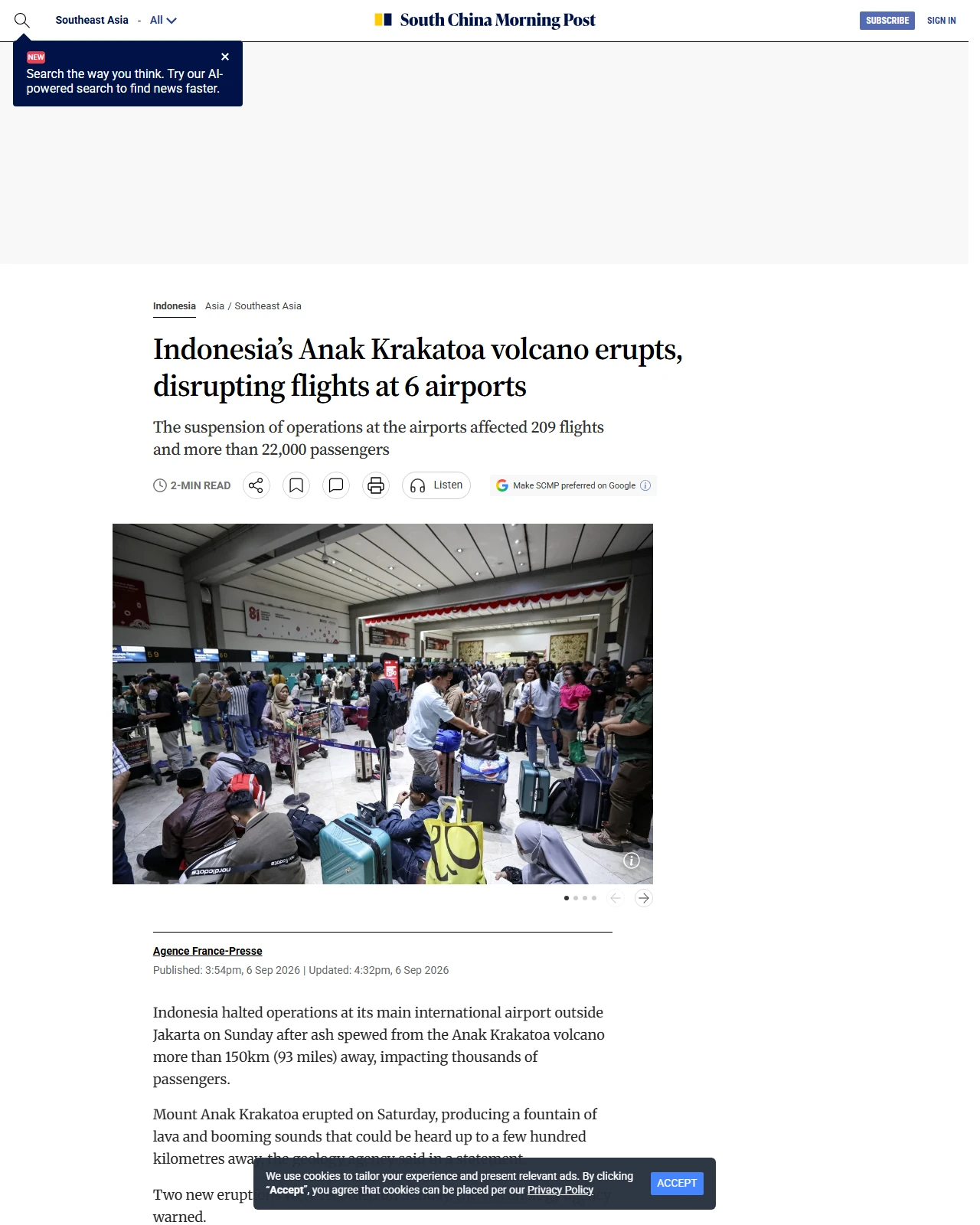 scmp.com as published: Indonesia’s Anak Krakatoa volcano erupts, disrupting flights at 6 airports