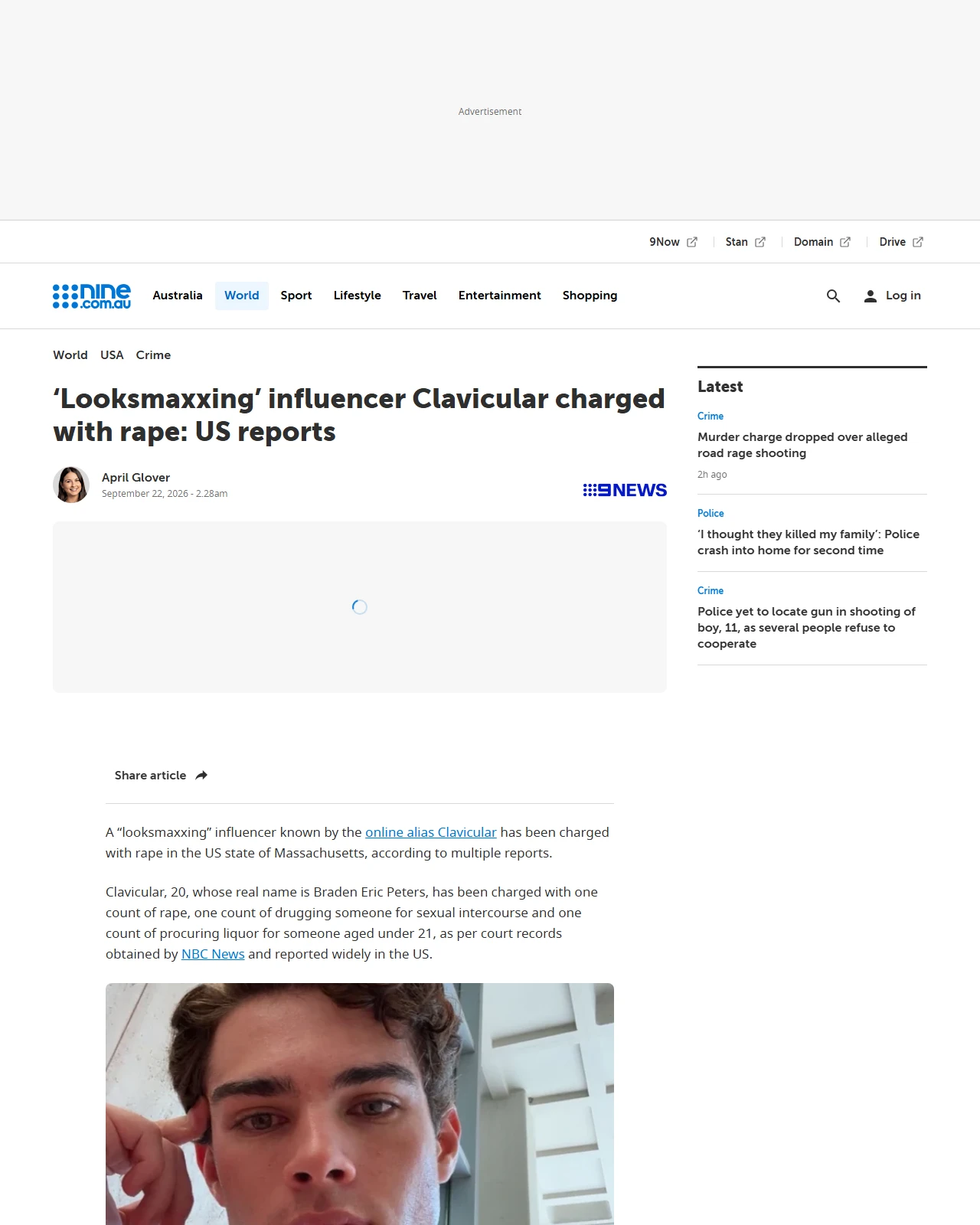 nine.com.au as published: ‘Looksmaxxing’ influencer Clavicular charged with rape: US reports