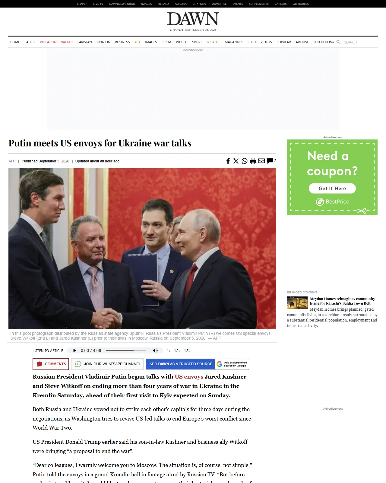 dawn.com as published: Putin meets US envoys for Ukraine war talks