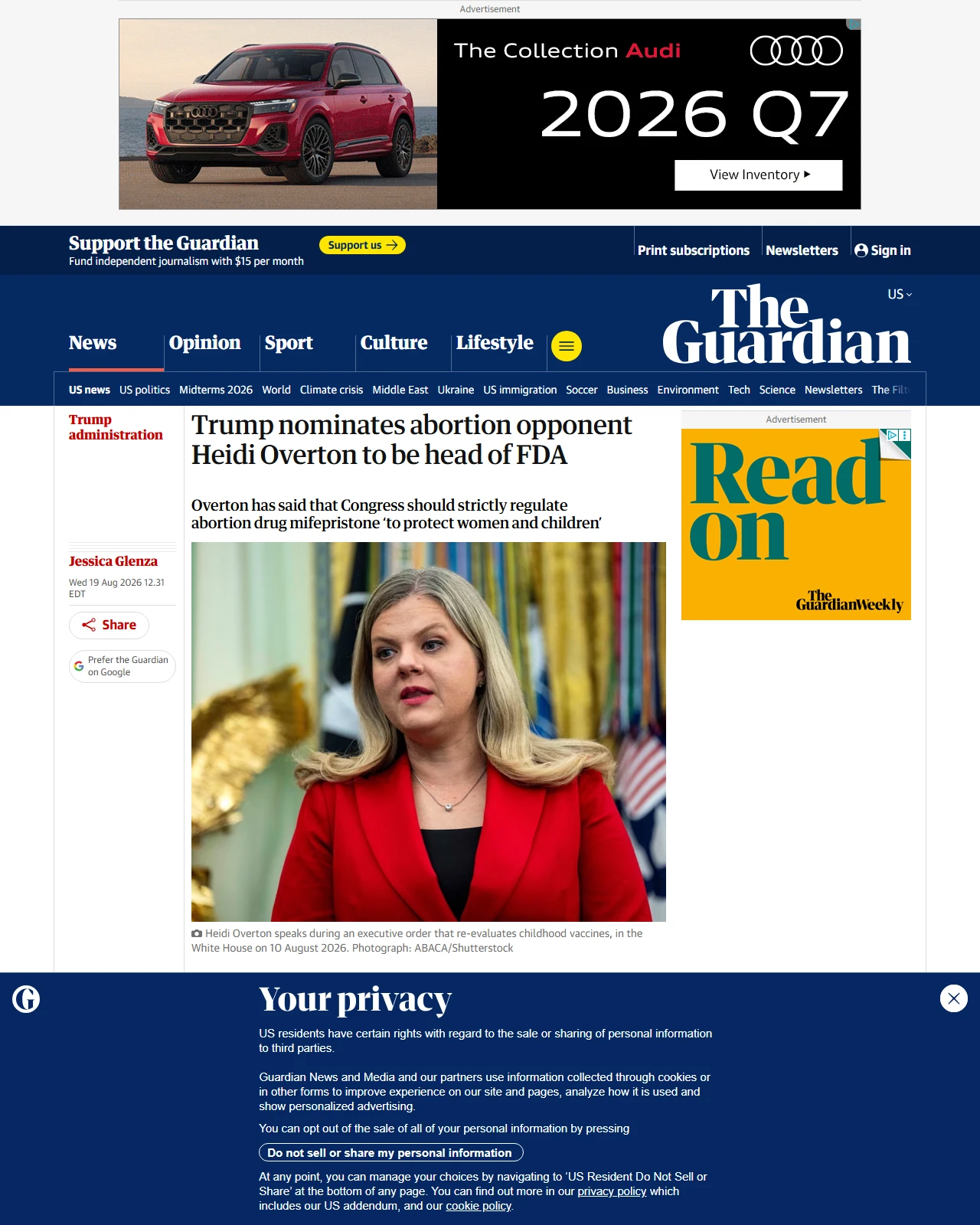 theguardian.com as published: Trump nominates abortion opponent Heidi Overton to be head of FDA