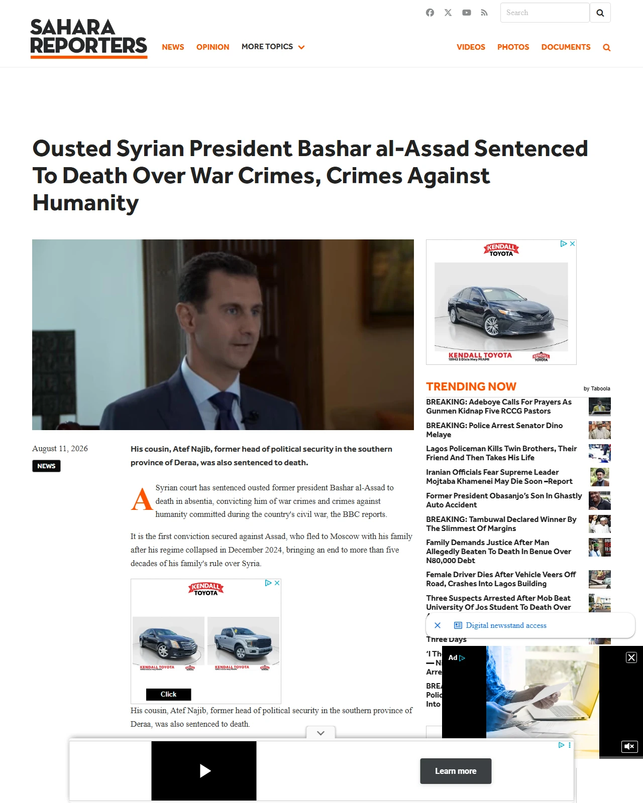 saharareporters.com as published: Ousted Syrian President Bashar al-Assad Sentenced To Death Over War Crimes, Crimes Against Humanity