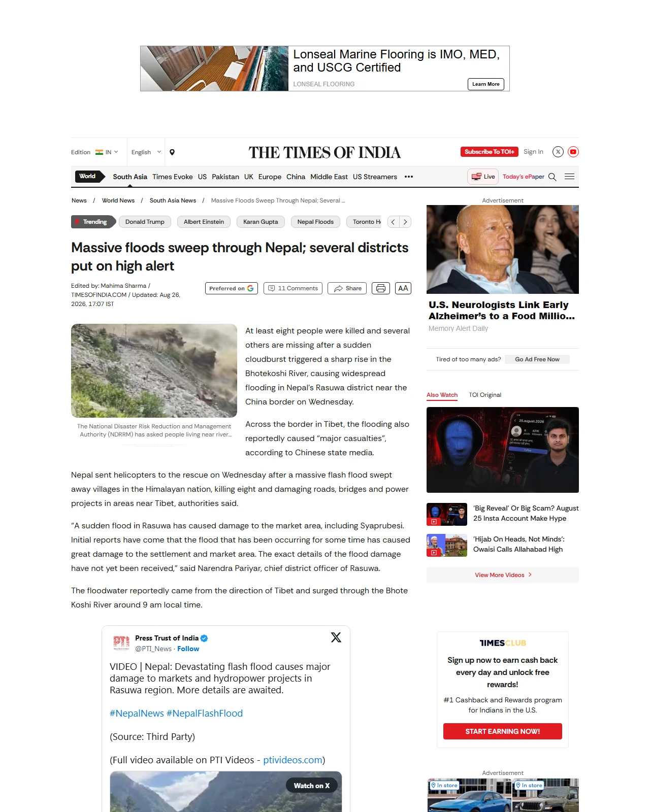 timesofindia.indiatimes.com as published: Villages washed away as massive flash floods tear through Nepal
