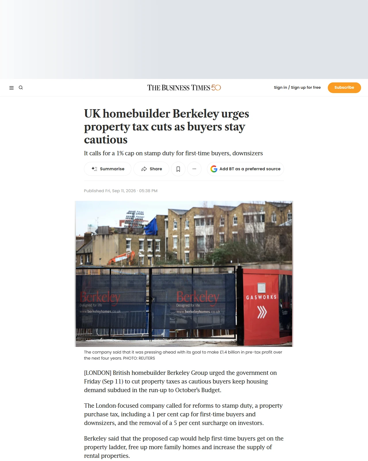 businesstimes.com.sg as published: UK homebuilder Berkeley urges property tax cuts as buyers stay cautious