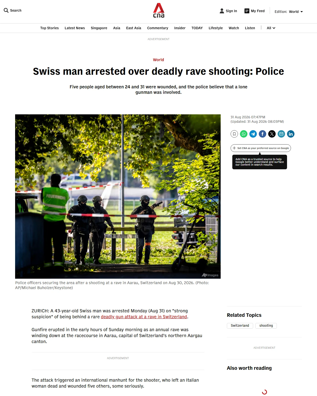 channelnewsasia.com as published: Swiss man arrested over deadly rave shooting: Police
