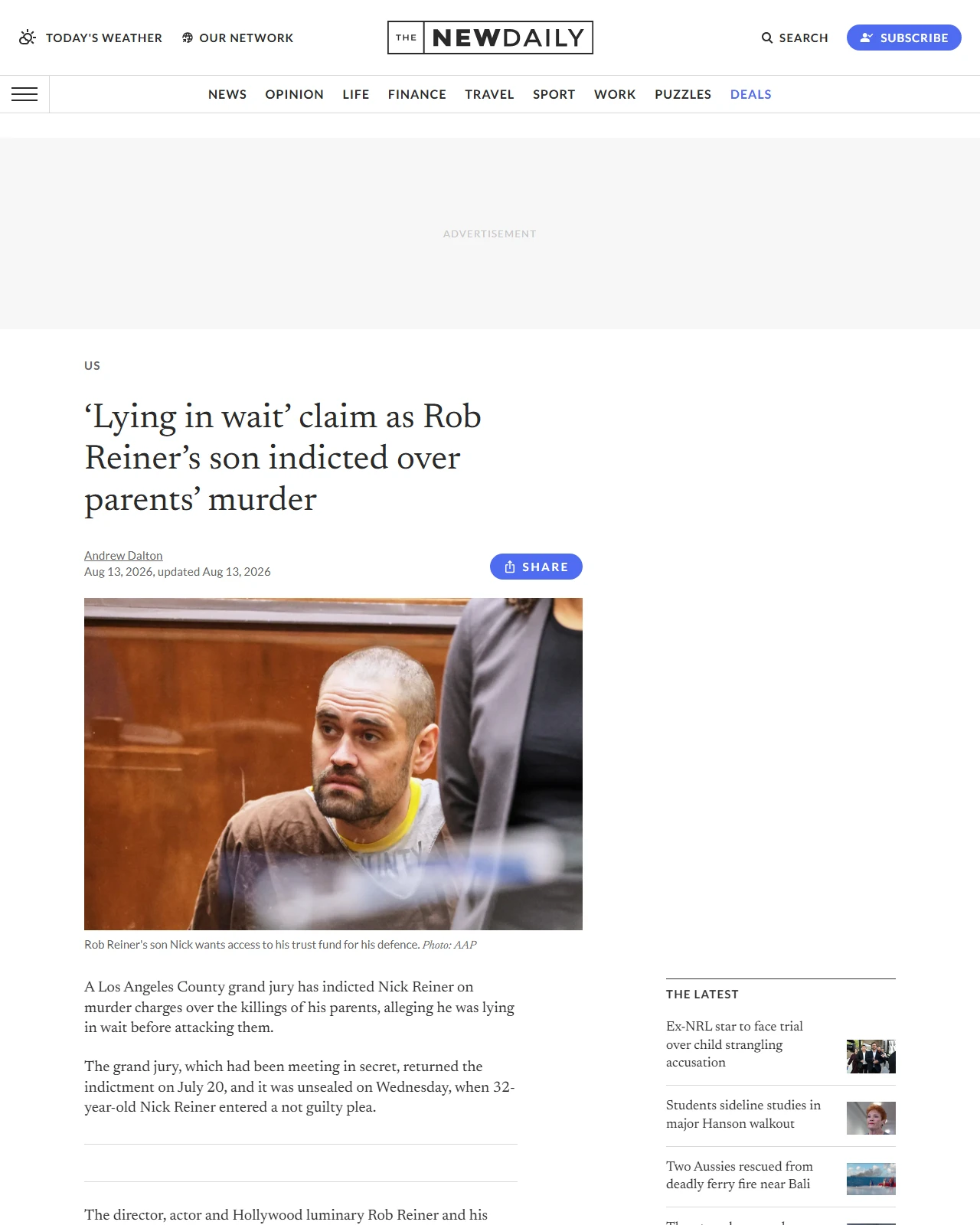 thenewdaily.com.au as published: ‘Lying in wait’ claim as Rob Reiner’s son indicted over parents’ murder