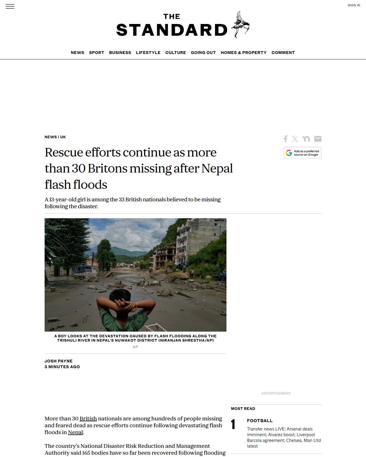 standard.co.uk as published: Rescue efforts continue as more than 30 Britons missing after Nepal flash floods