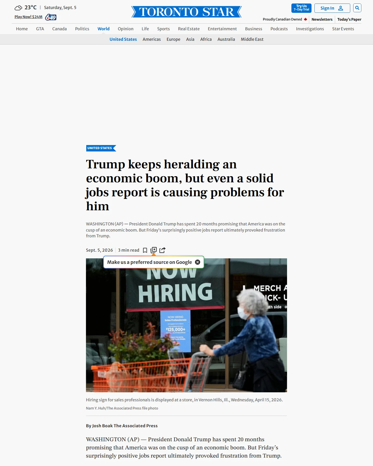 thestar.com as published: Trump keeps heralding an economic boom, but even a solid jobs report is causing problems for him