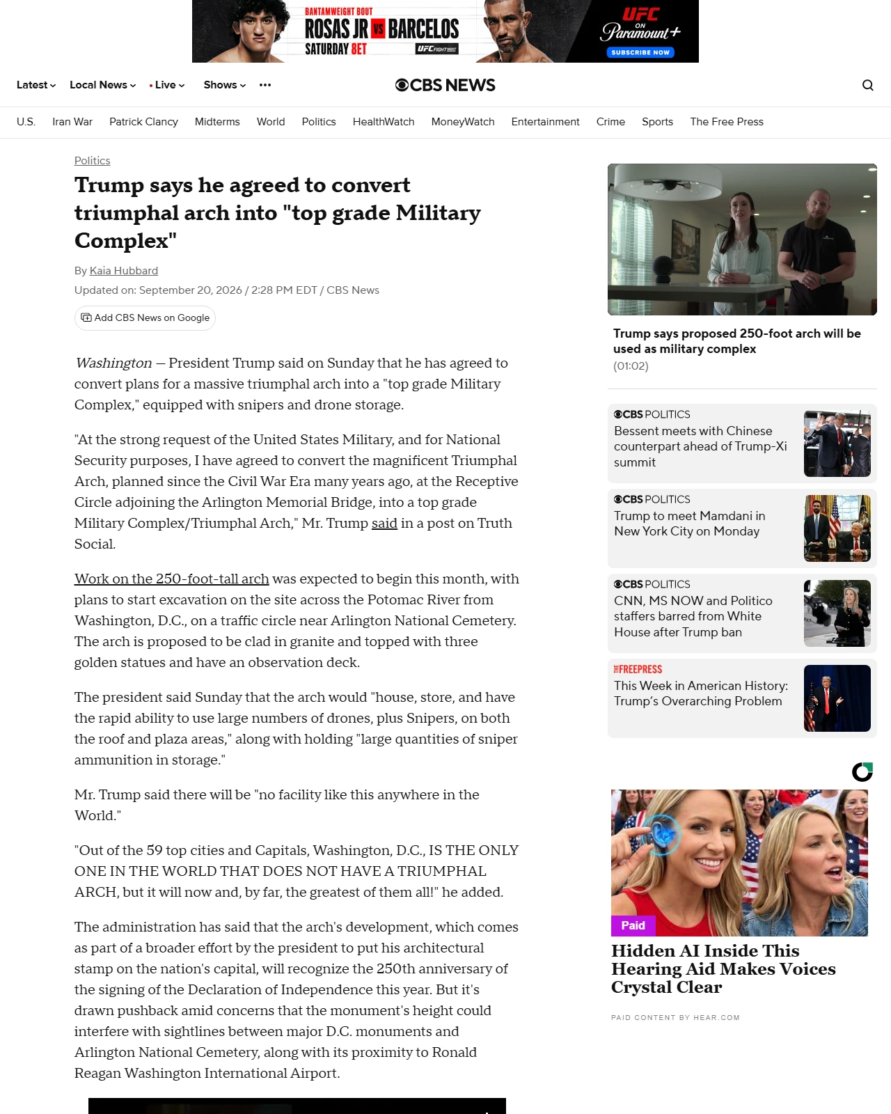cbsnews.com as published: Trump says proposed arch will also be a "top grade Military Complex"