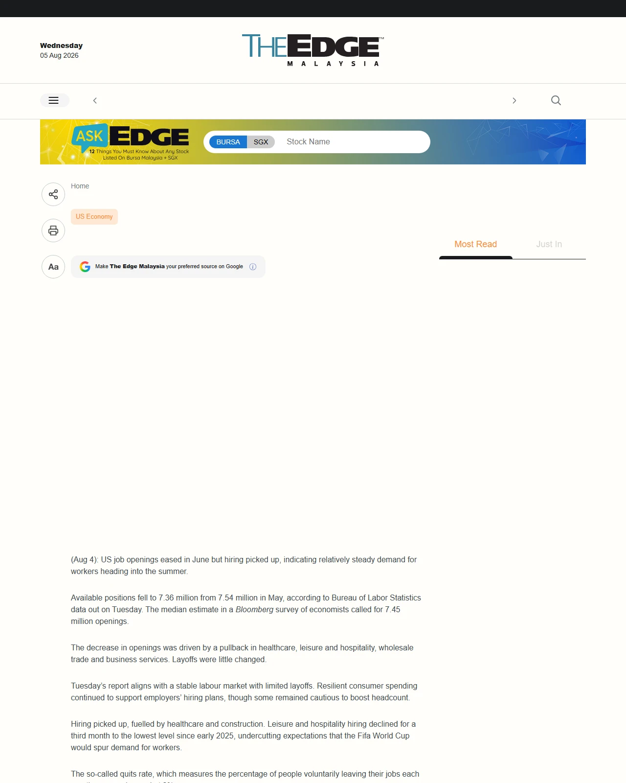 theedgemalaysia.com as published: US job openings edged down in June, layoffs remained limited