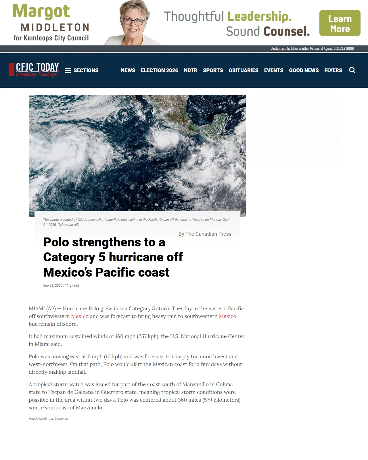 cfjctoday.com as published: Polo strengthens to a Category 5 hurricane off Mexico’s Pacific coast