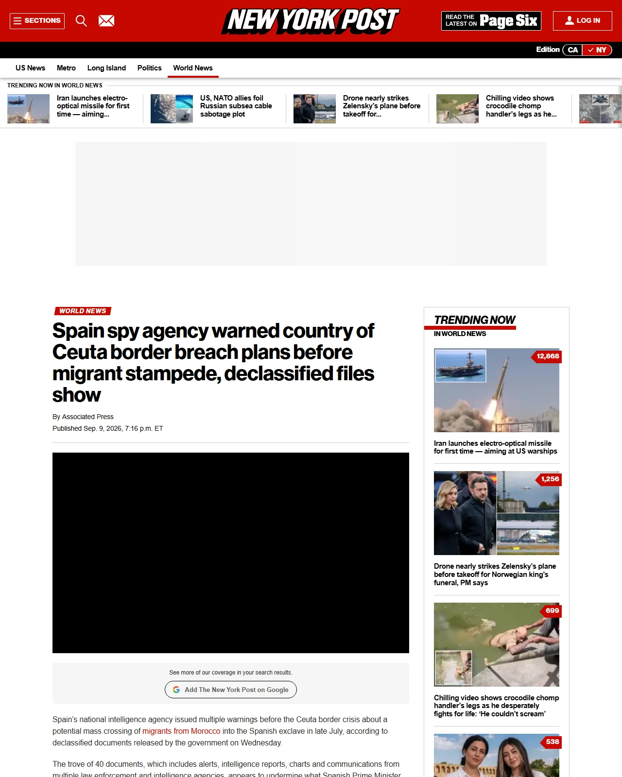 nypost.com as published: Spain spy agency warned country of Ceuta border breach plans before migrant stampede, declassified files show
