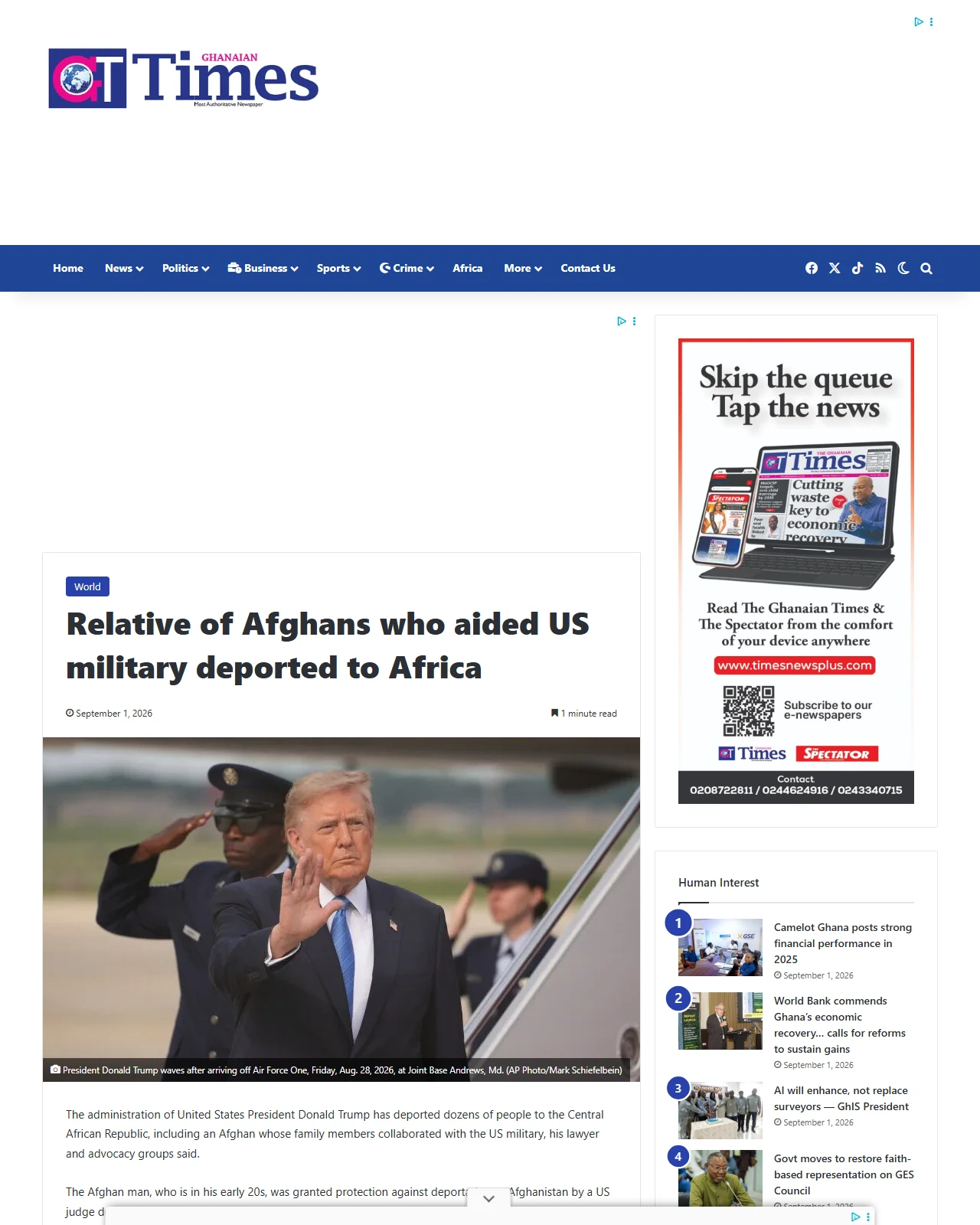 ghanaiantimes.com.gh as published: Relative of Afghans who aided US military deported to Africa