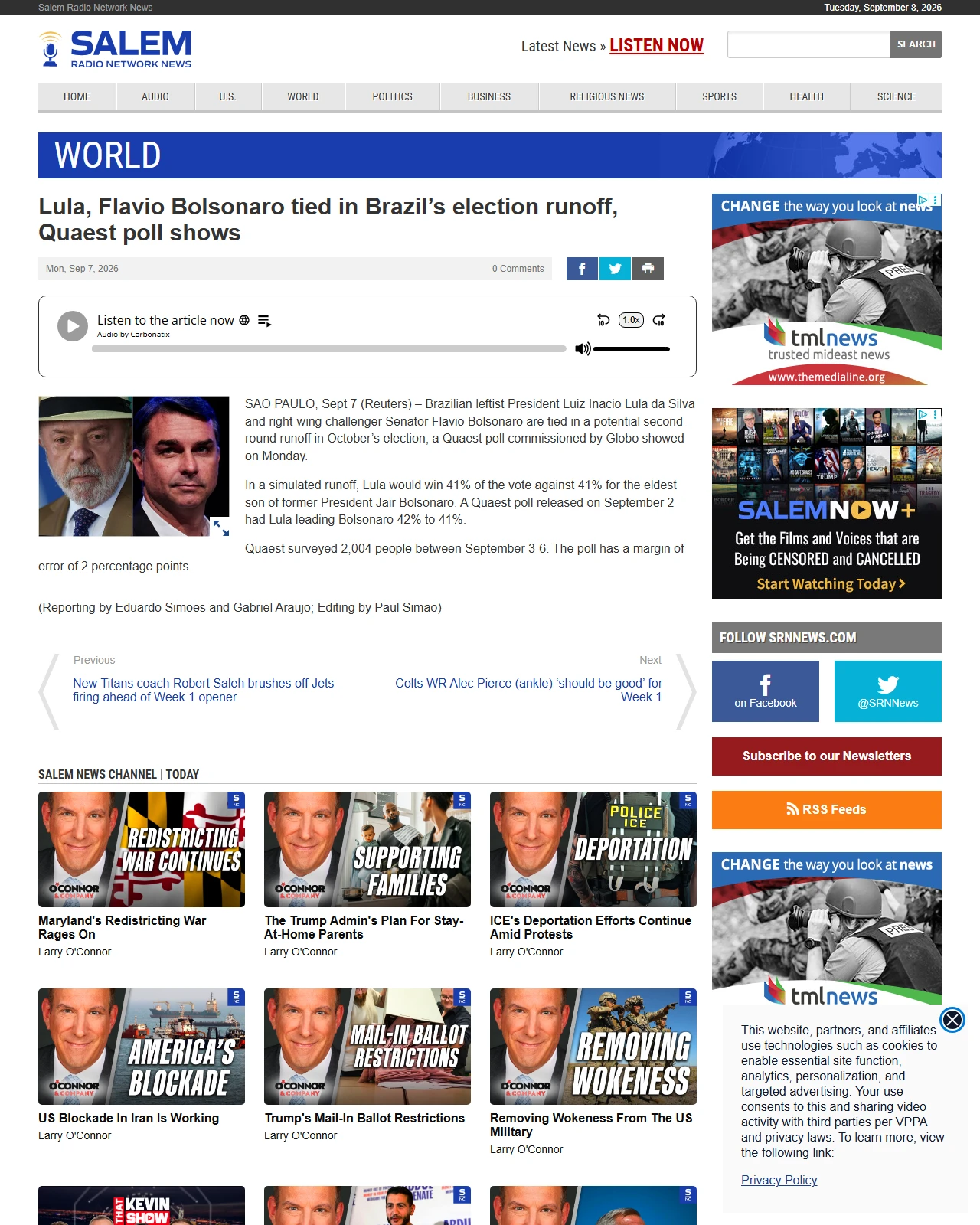 srnnews.com as published: Lula, Flavio Bolsonaro tied in Brazil’s election runoff, Quaest poll shows