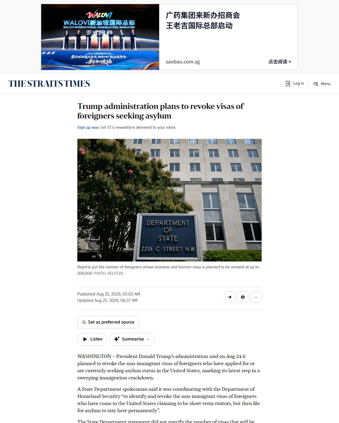 straitstimes.com as published: Trump administration plans to revoke visas of foreigners seeking asylum