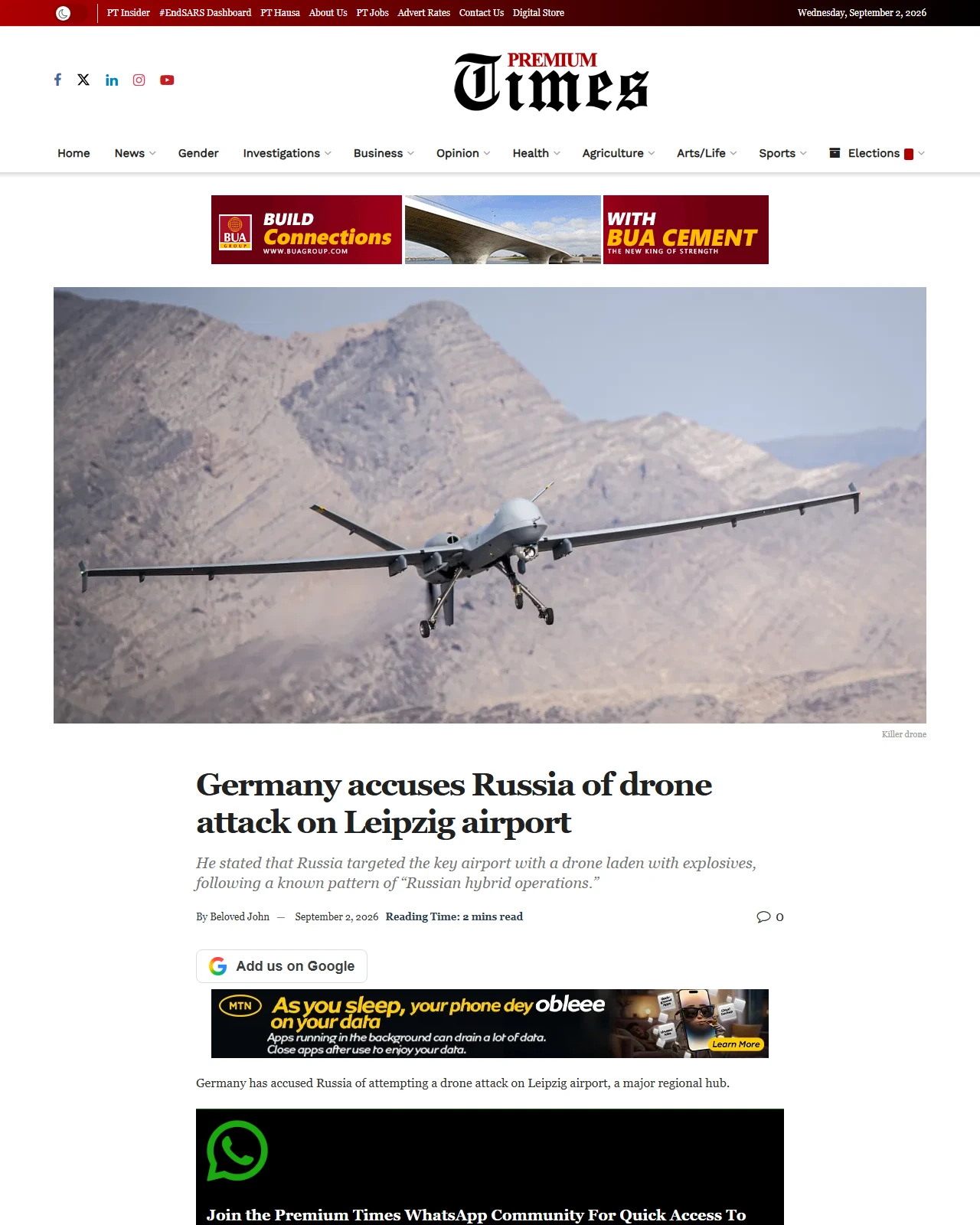 premiumtimesng.com as published: Germany accuses Russia of drone attack on Leipzig airport