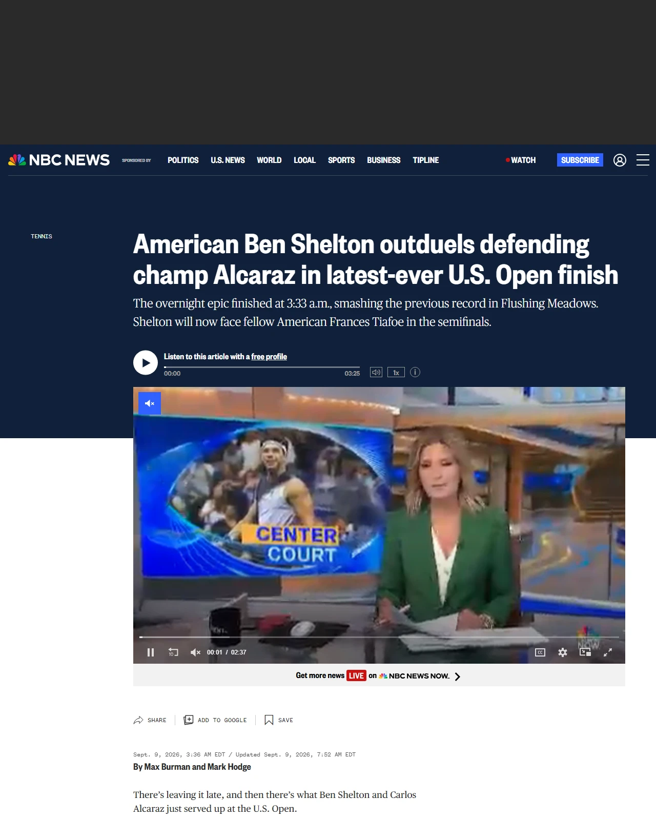 nbcnews.com as published: American Ben Shelton outduels defending champ Alcaraz in latest-ever U.S. Open finish