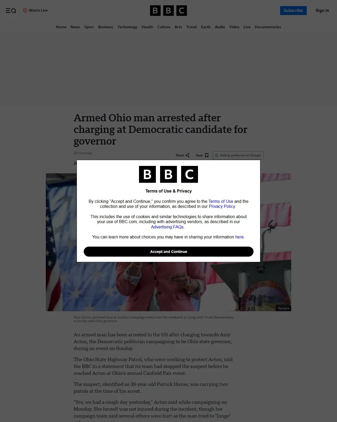 bbc.co.uk as published: Armed Ohio man arrested after charging at Democratic candidate for governor, Amy Acton