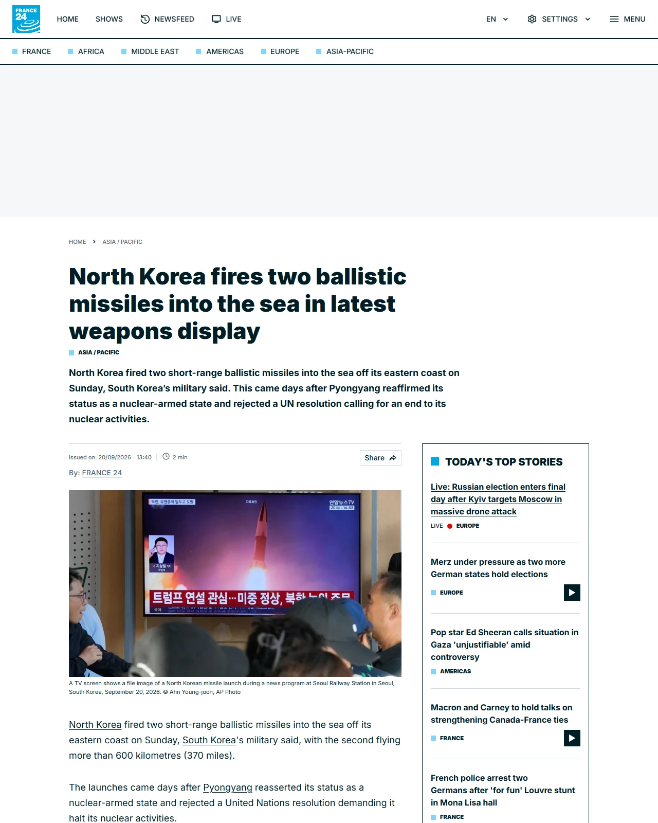 s.france24.com as published: North Korea fires two ballistic missiles into the sea in latest weapons display