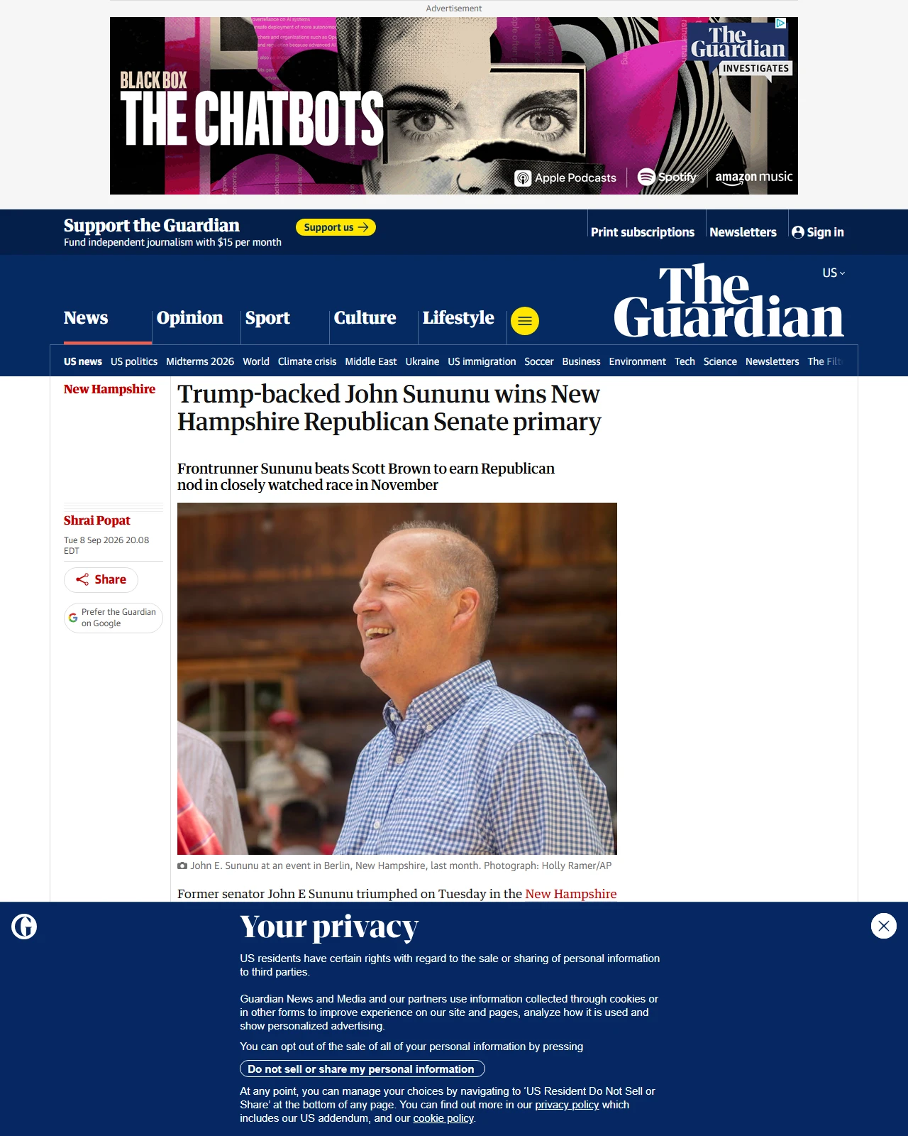 theguardian.com as published: Trump-backed John Sununu wins New Hampshire Republican Senate primary