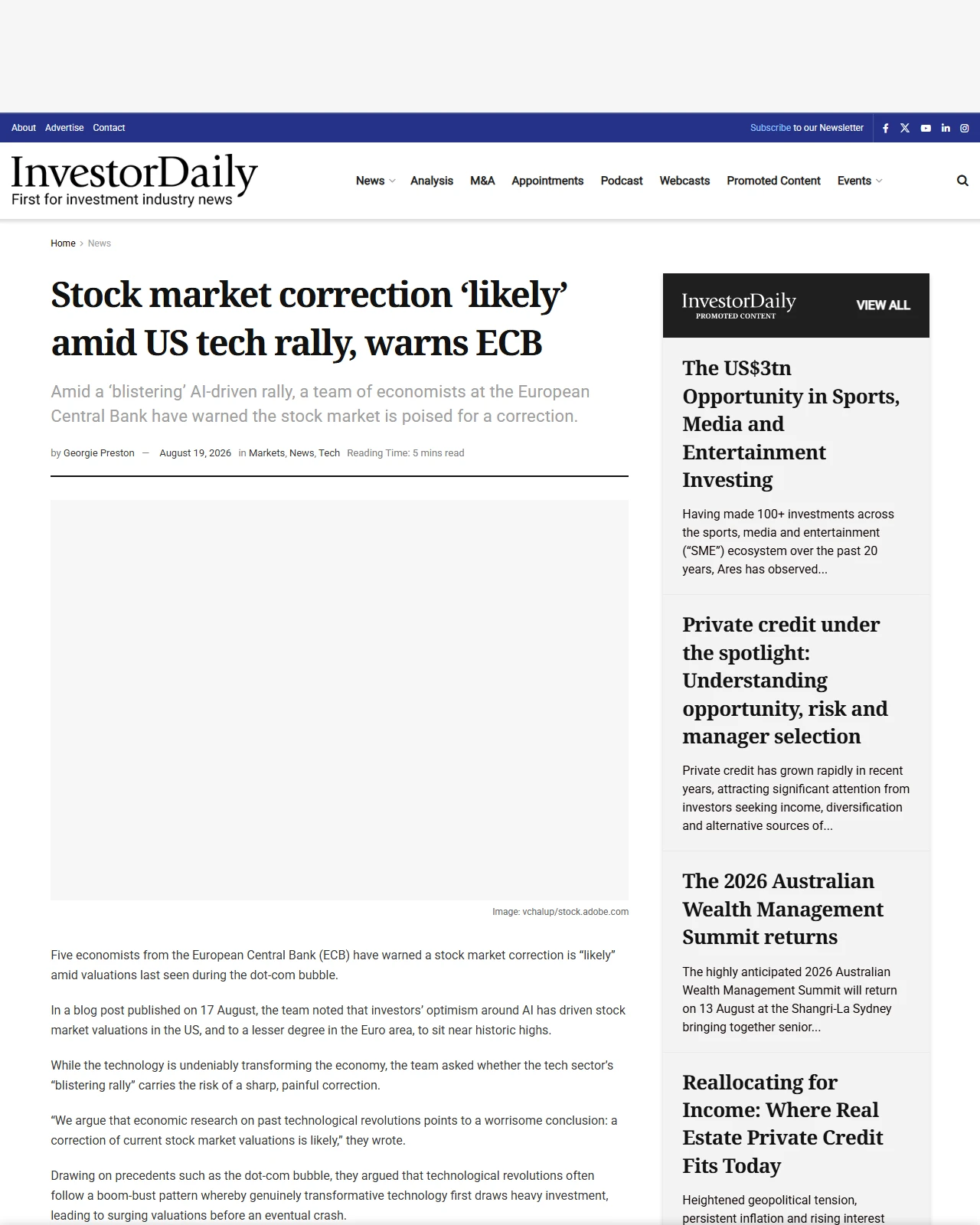 investordaily.com.au as published: Stock market correction ‘likely’ amid US tech rally, warns ECB