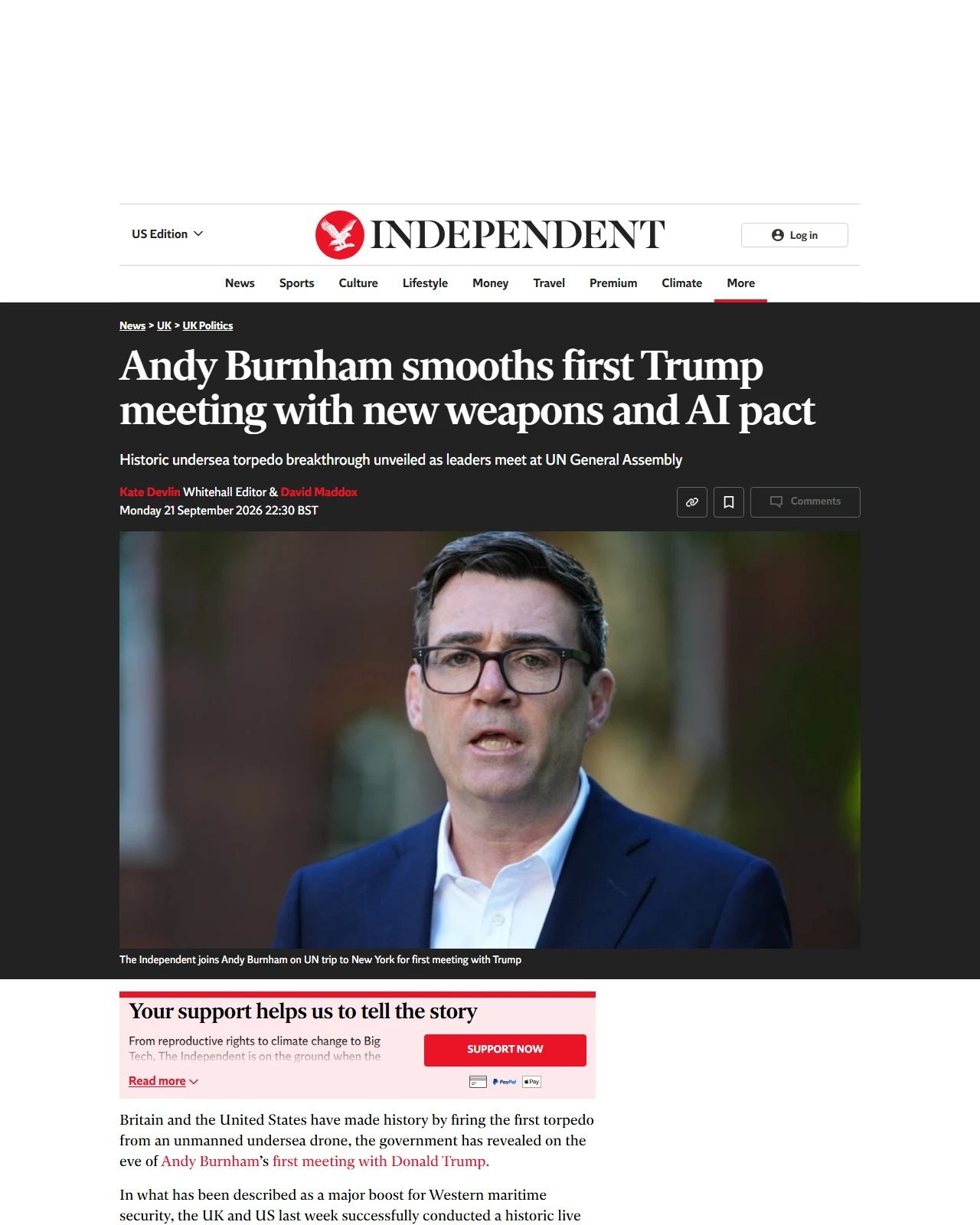 independent.co.uk as published: Andy Burnham smooths first Trump meeting with new weapons and AI pact