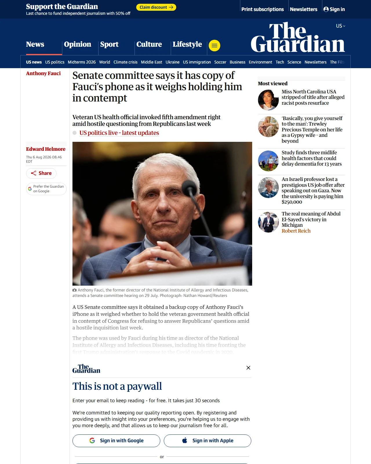theguardian.com as published: Senate committee says it has copy of Fauci’s phone as it weighs holding him in contempt