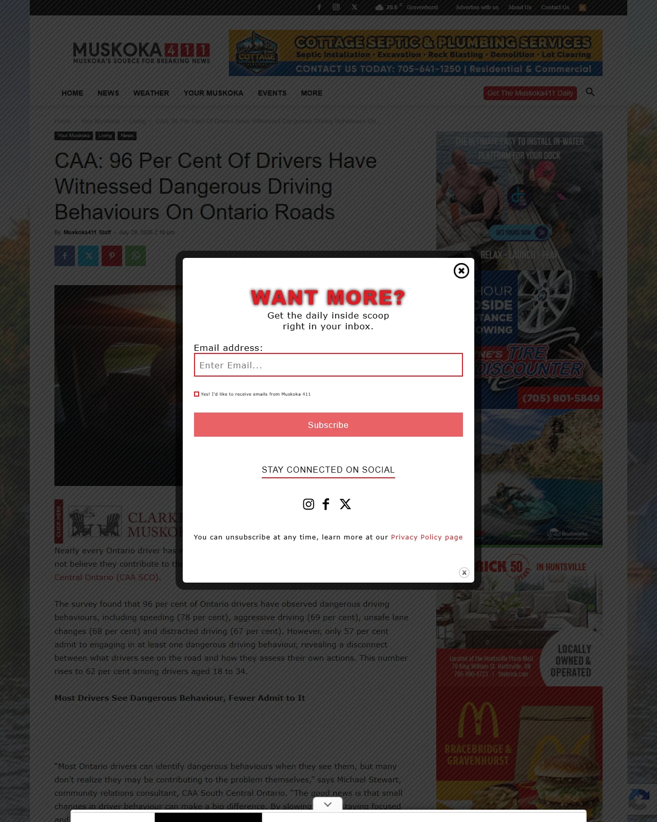muskoka411.com as published: CAA: 96 Per Cent Of Drivers Have Witnessed Dangerous Driving Behaviours On Ontario Roads