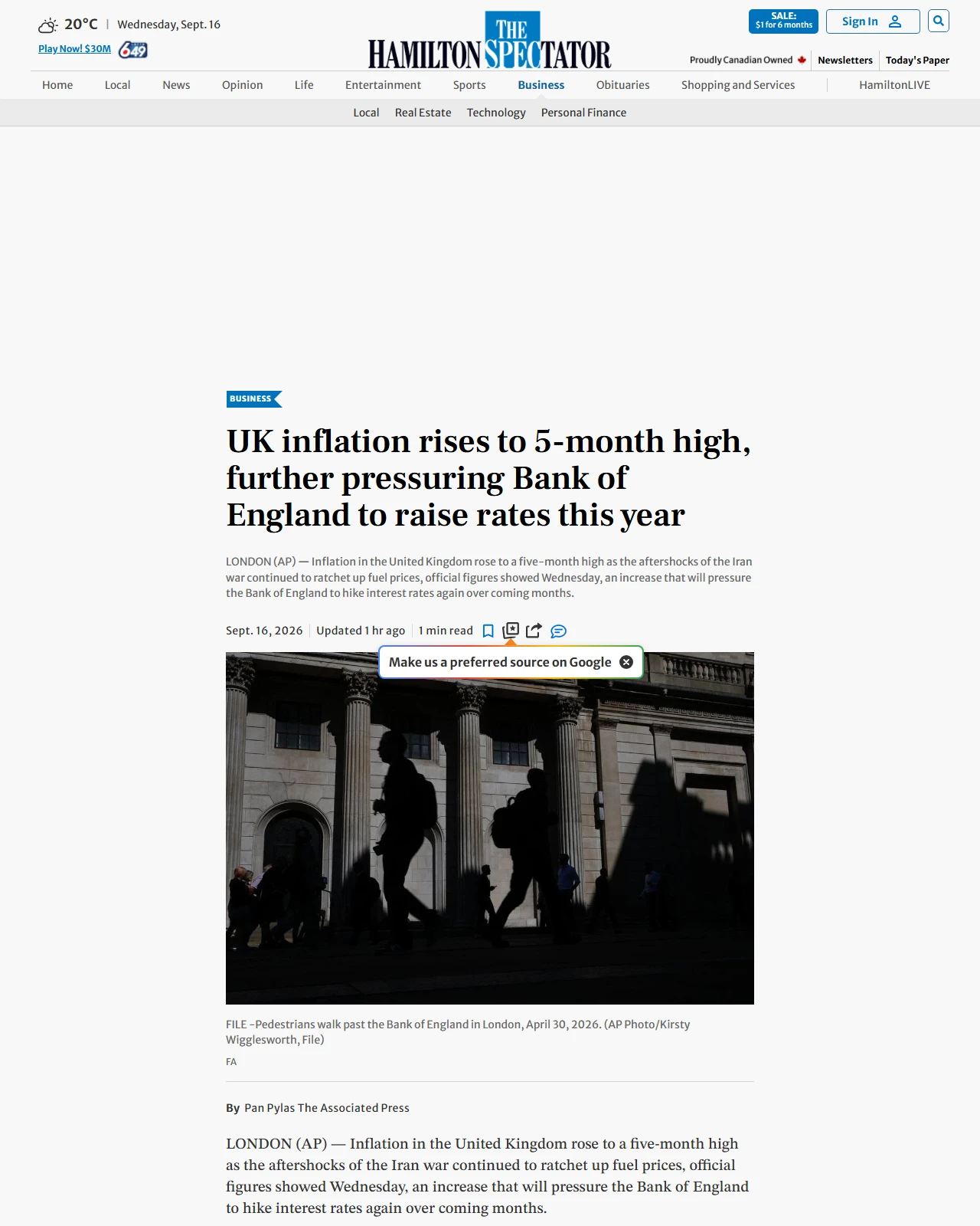 thespec.com as published: UK inflation rises to 5-month high, further pressuring Bank of England to raise rates this year