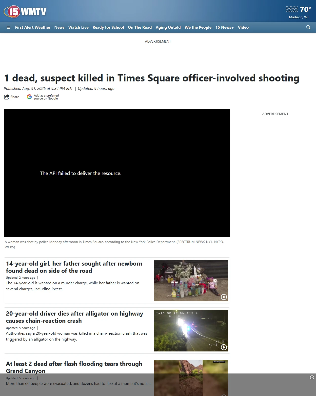 wmtv15news.com as published: 1 dead, suspect killed in Times Square officer-involved shooting